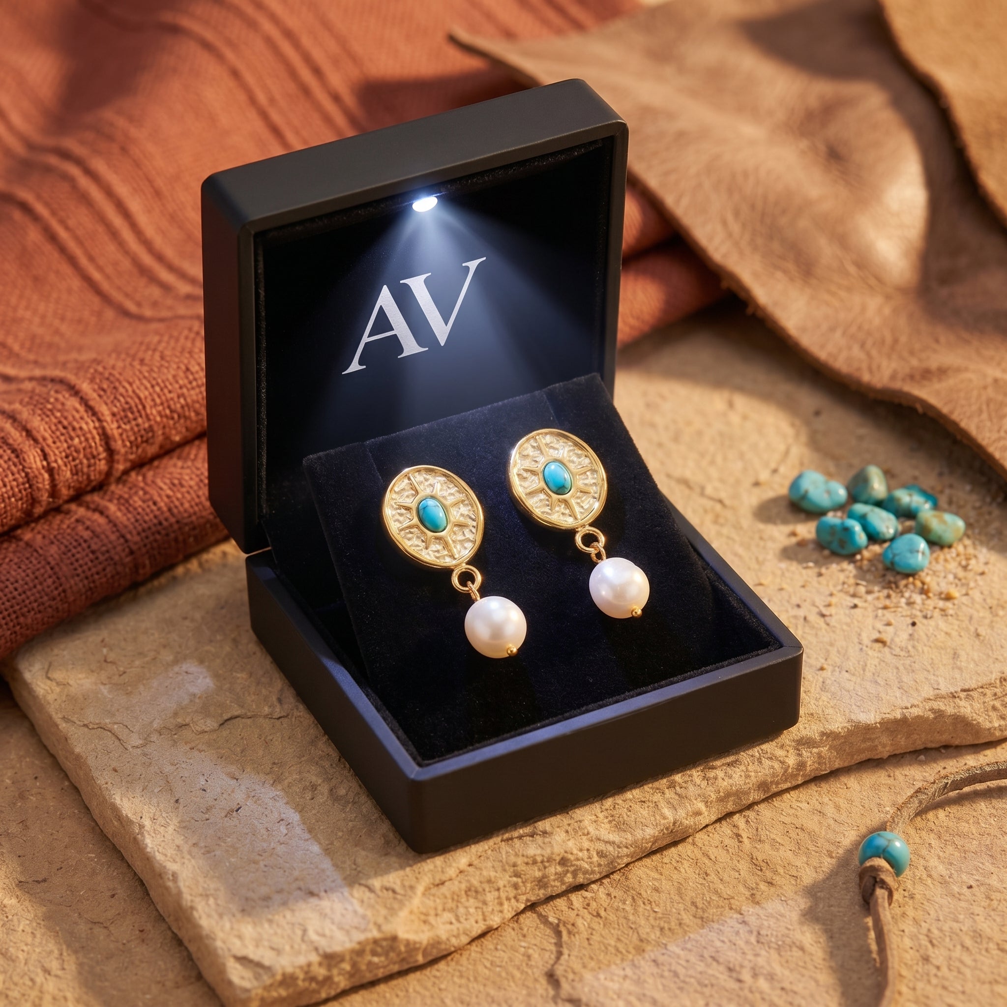 Gold turquoise and pearl drop earrings in a black LED-lighted jewelry box on a rustic desert-themed background.