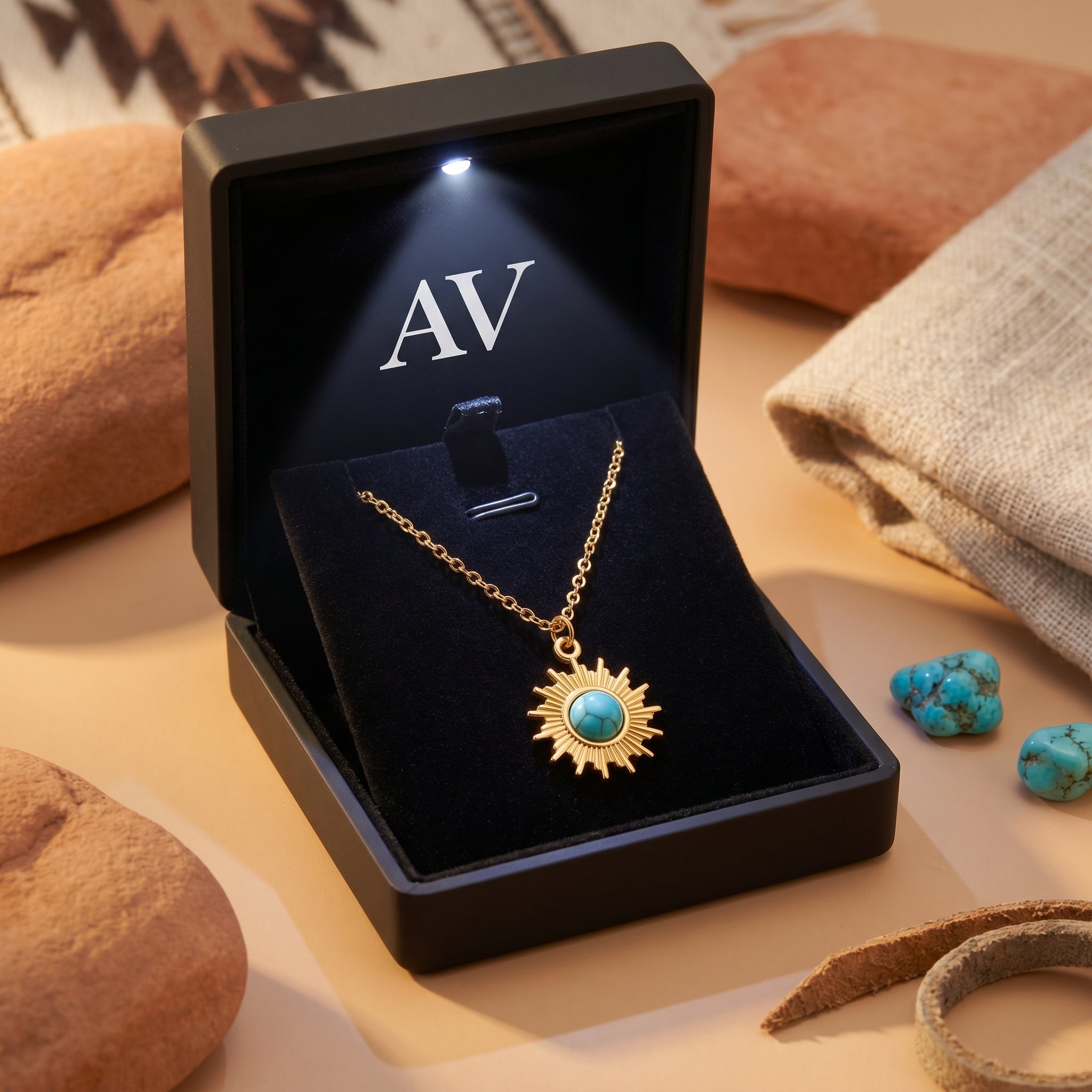 The Tala turquoise necklace in a premium black LED-lit jewelry box for gift presentation.