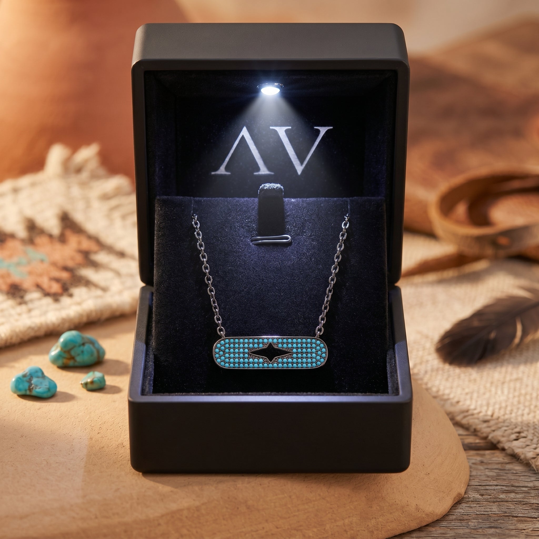 Chaco turquoise bar necklace presented in a premium black LED-lit gift box with brand logo.
