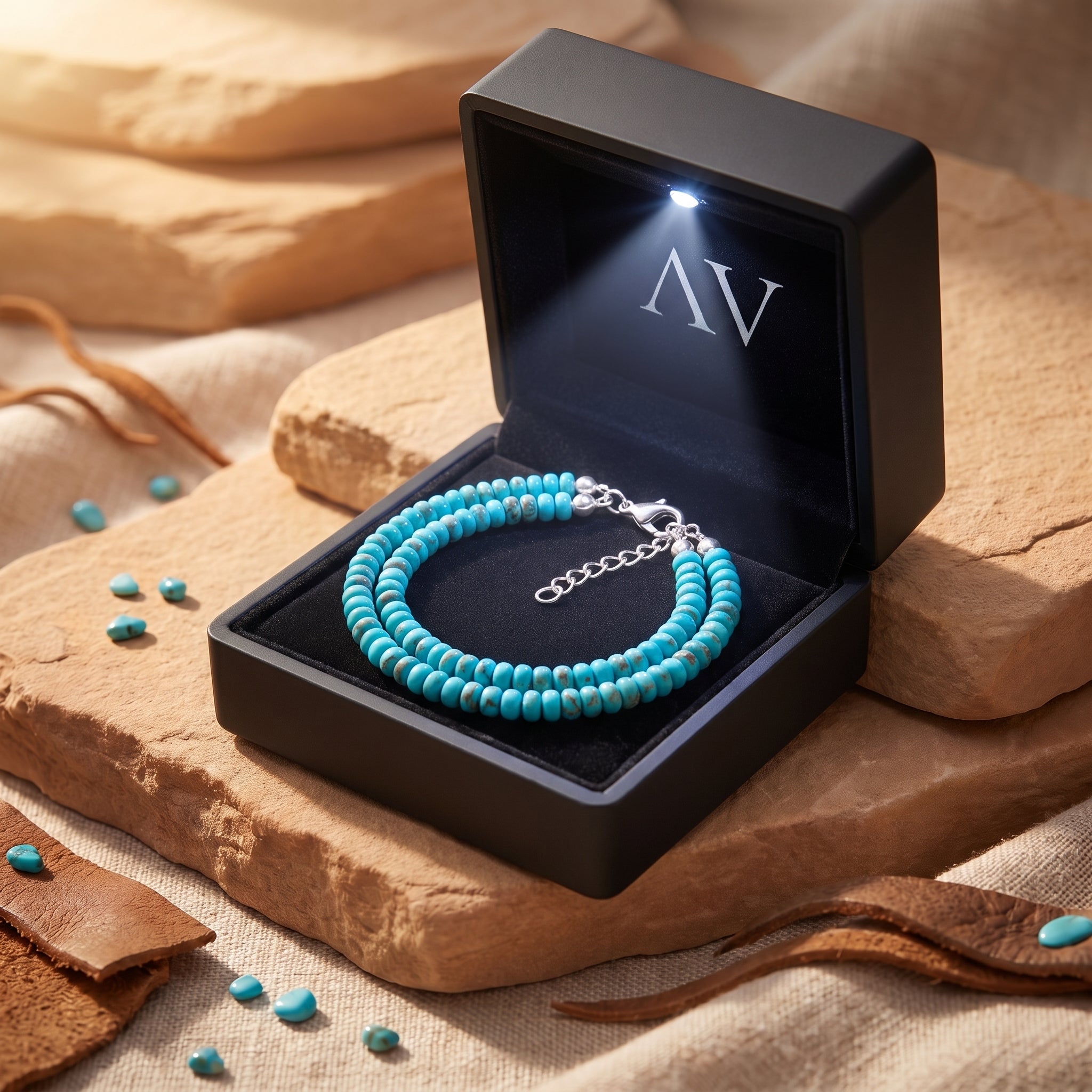 Double strand turquoise necklace in a black LED-lit gift box.