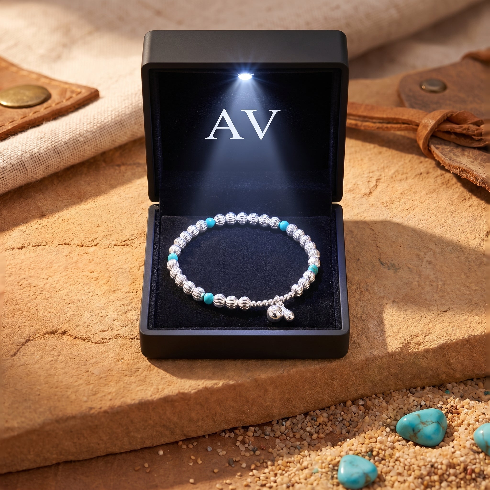 Sterling silver turquoise bracelet inside a black LED-lit jewelry gift box.