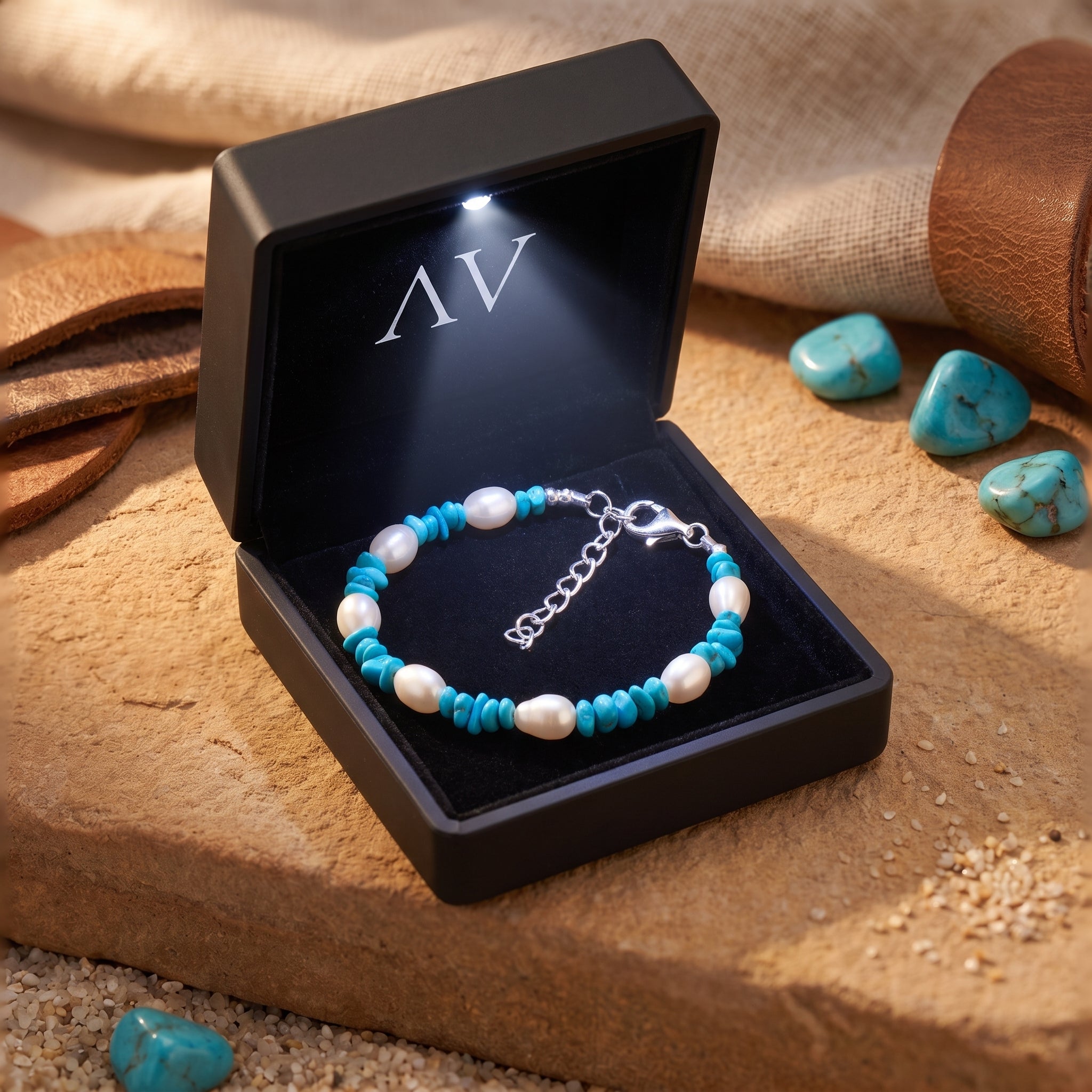 Turquoise and pearl silver bracelet presented in a black LED-lit gift box with AV branding.
