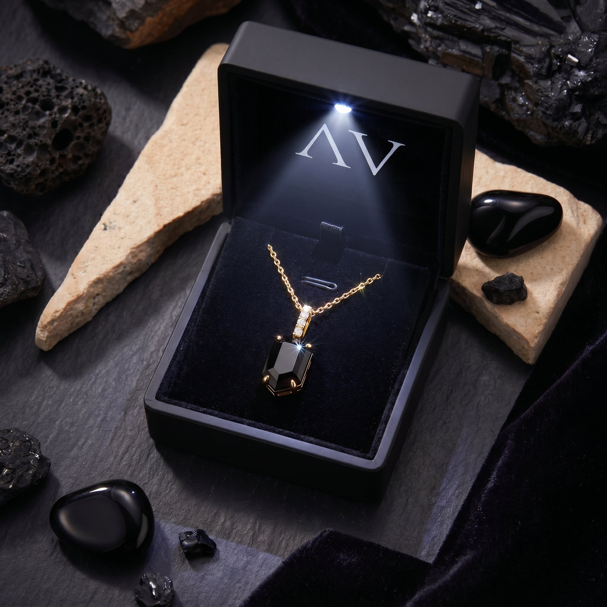 The Noctis onyx necklace displayed in a premium black LED-lighted jewelry box.