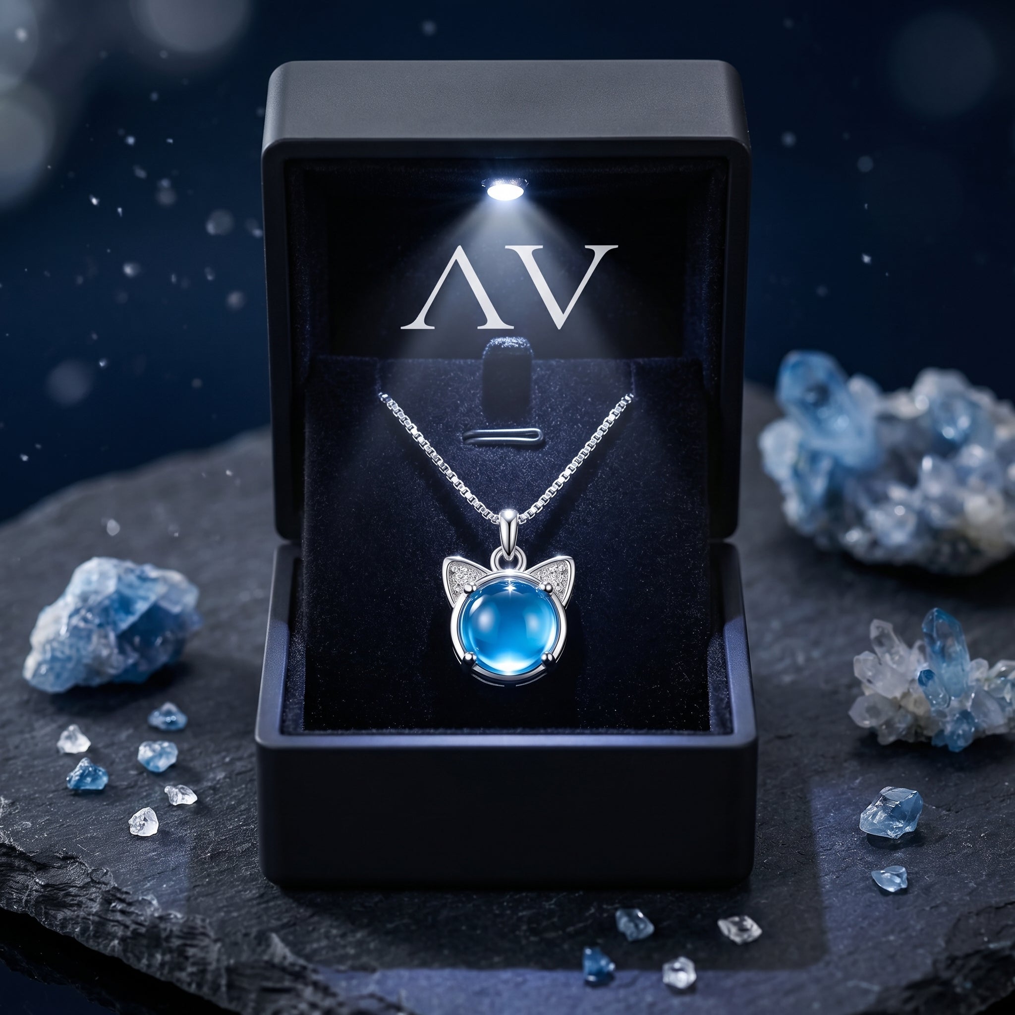 The silver Swiss Blue topaz cat pendant necklace inside a black LED-lighted gift box.