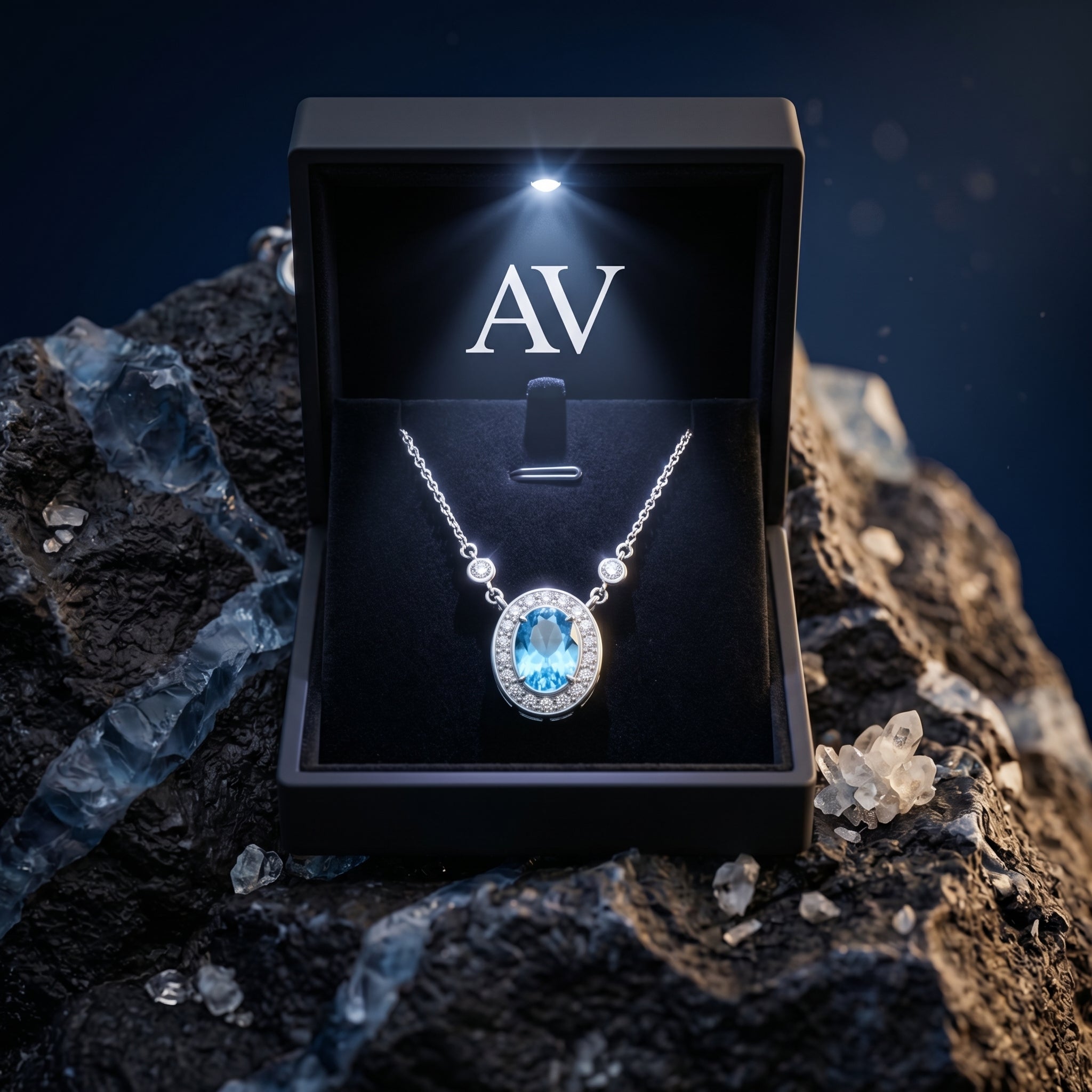 Natural blue topaz necklace inside a black LED-lit gift box, placed on a dark rock background.