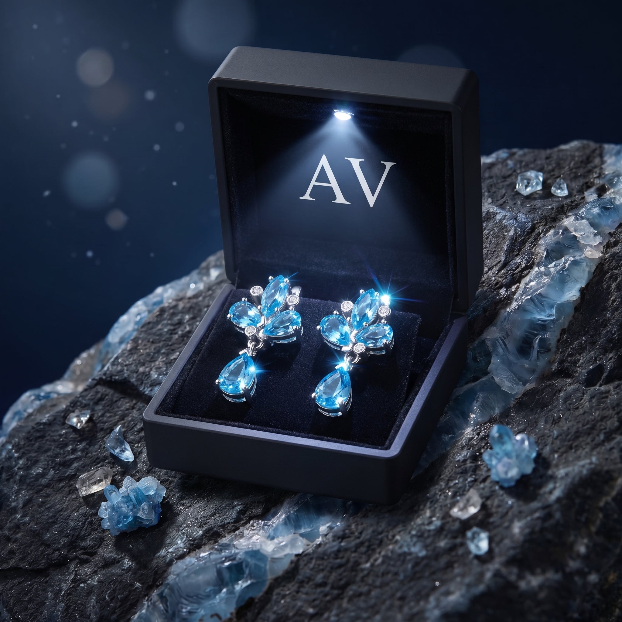 Silver Swiss blue topaz drop earrings inside a black LED-lighted jewelry box on a stone background.
