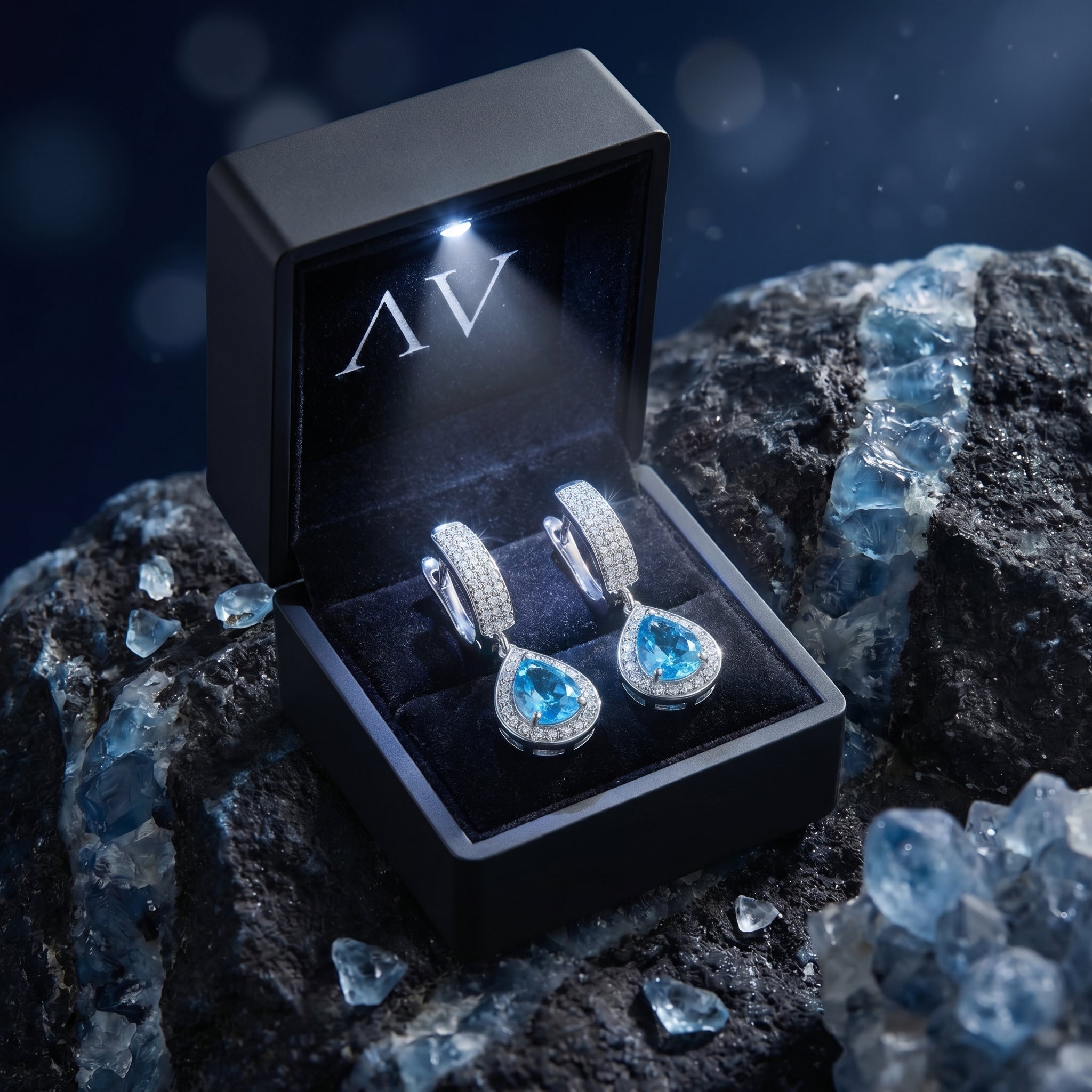 Pair of Swiss blue topaz drop earrings in a black LED-lit presentation box on a dark mineral background.