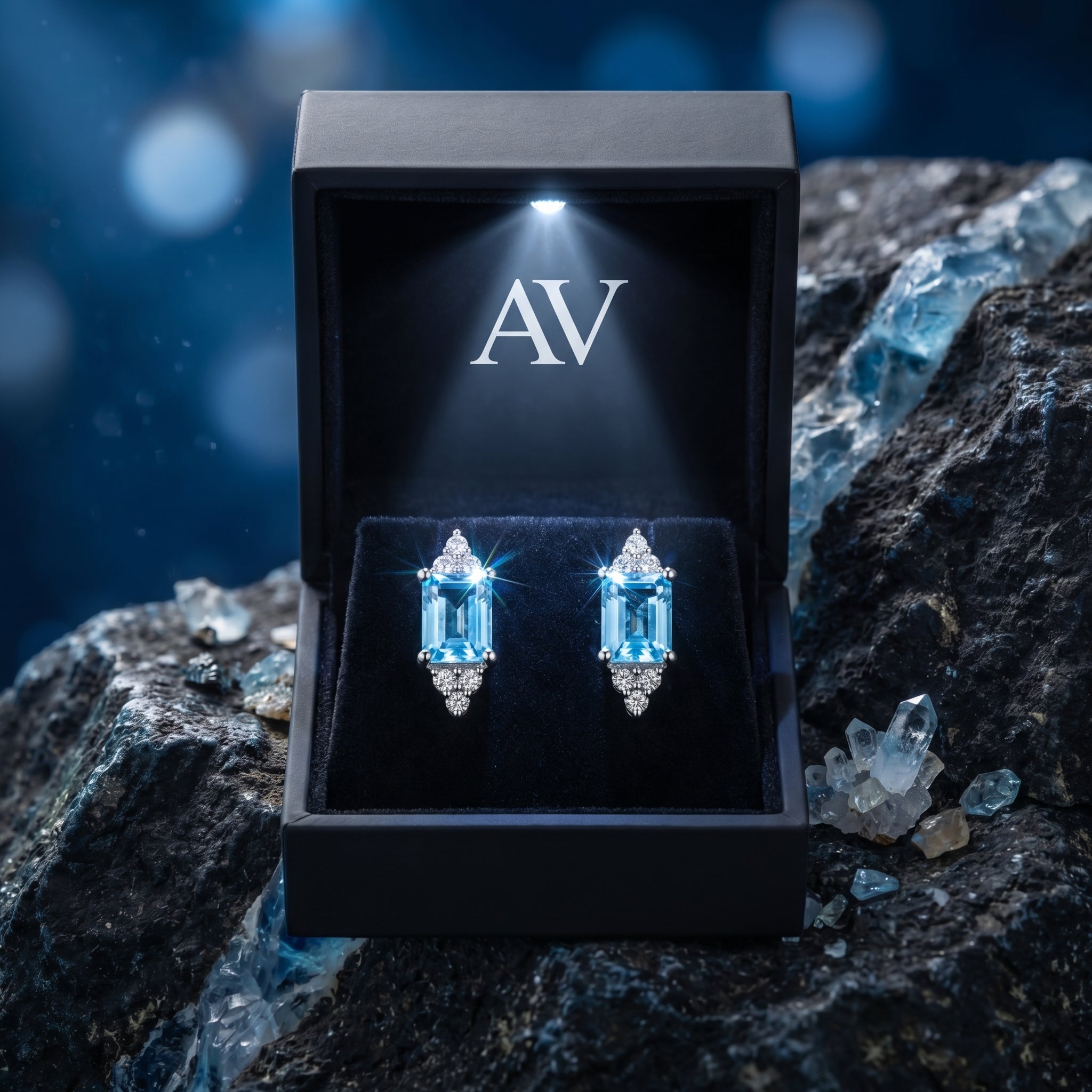Natural topaz emerald cut earrings in a black lighted gift box resting on a dark mineral rock.