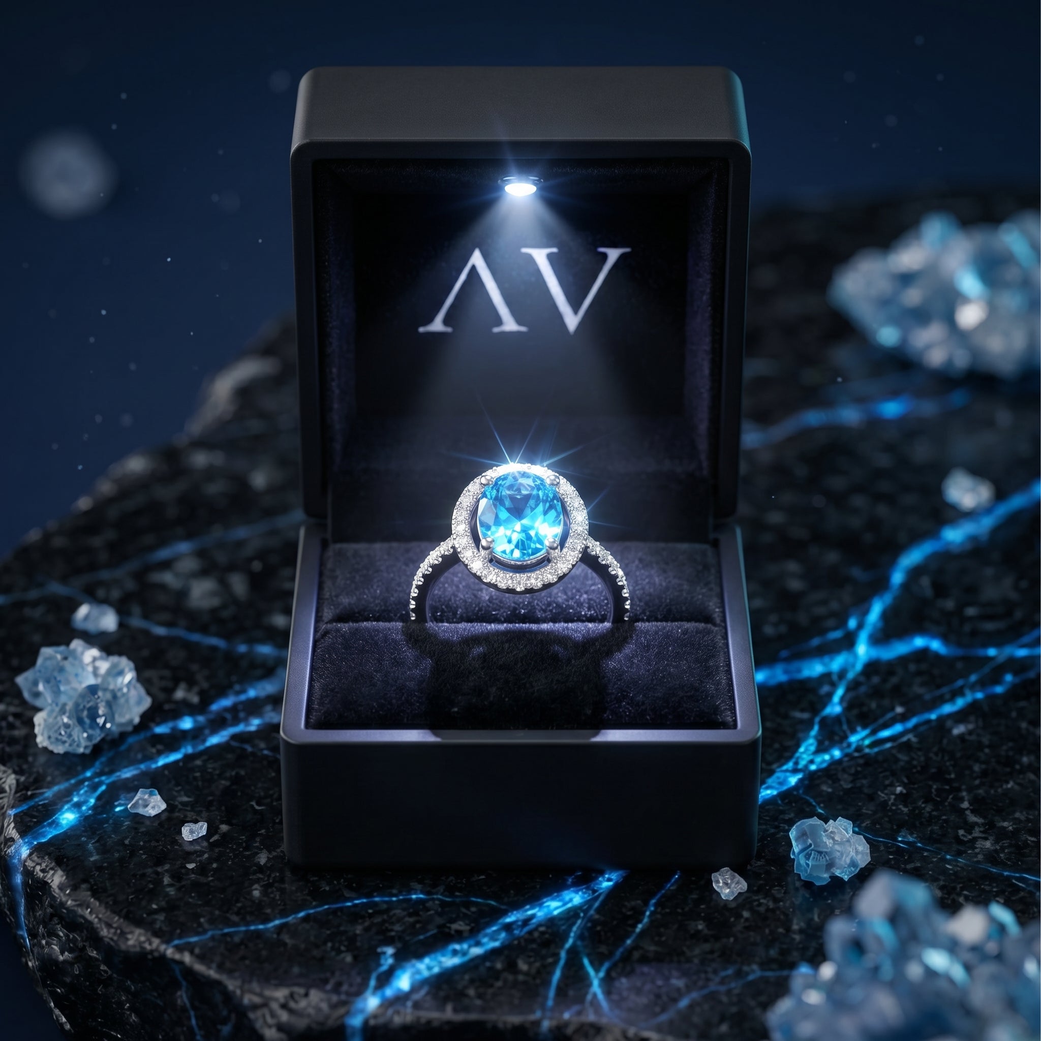 Oval Swiss blue topaz ring presented in a black lighted jewelry box on a dark marble surface with blue accents.