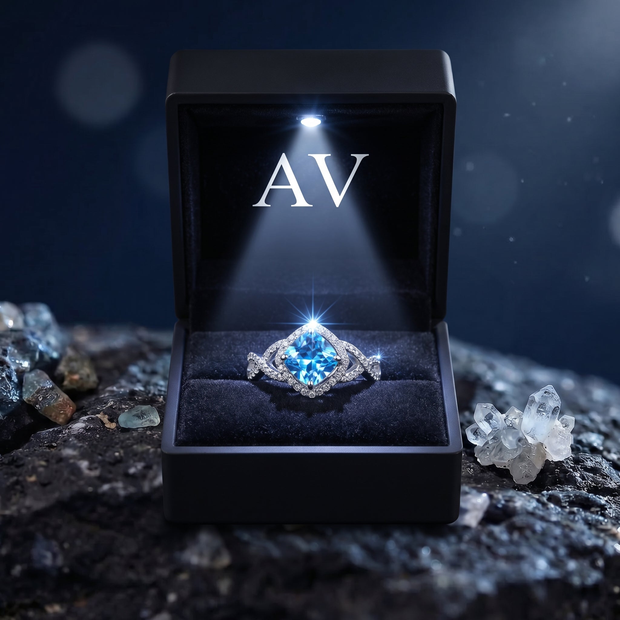 Cushion cut Swiss blue topaz sterling silver ring in a black LED-lit jewelry box.