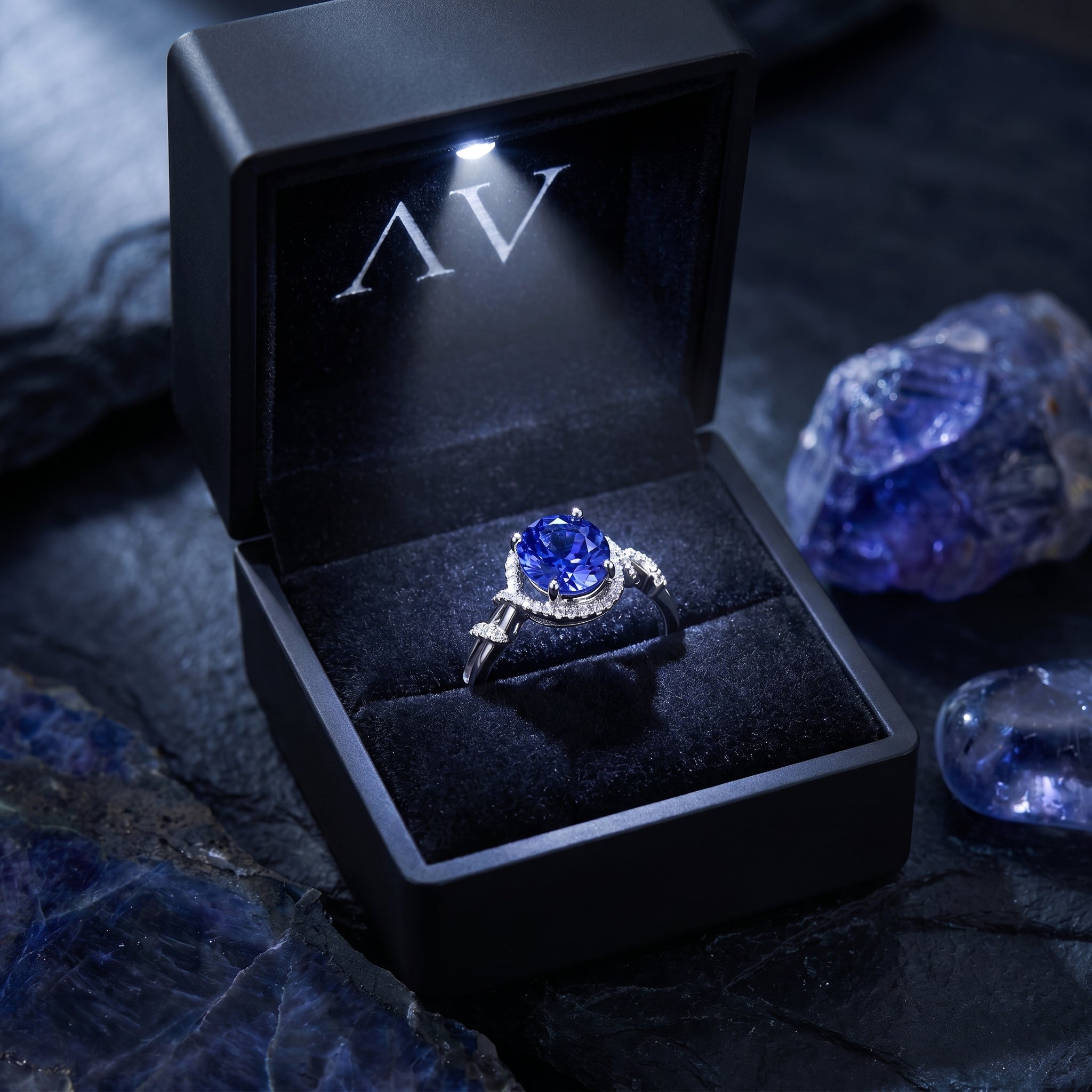 18K white gold oval tanzanite halo ring presented in a black lighted jewelry gift box.