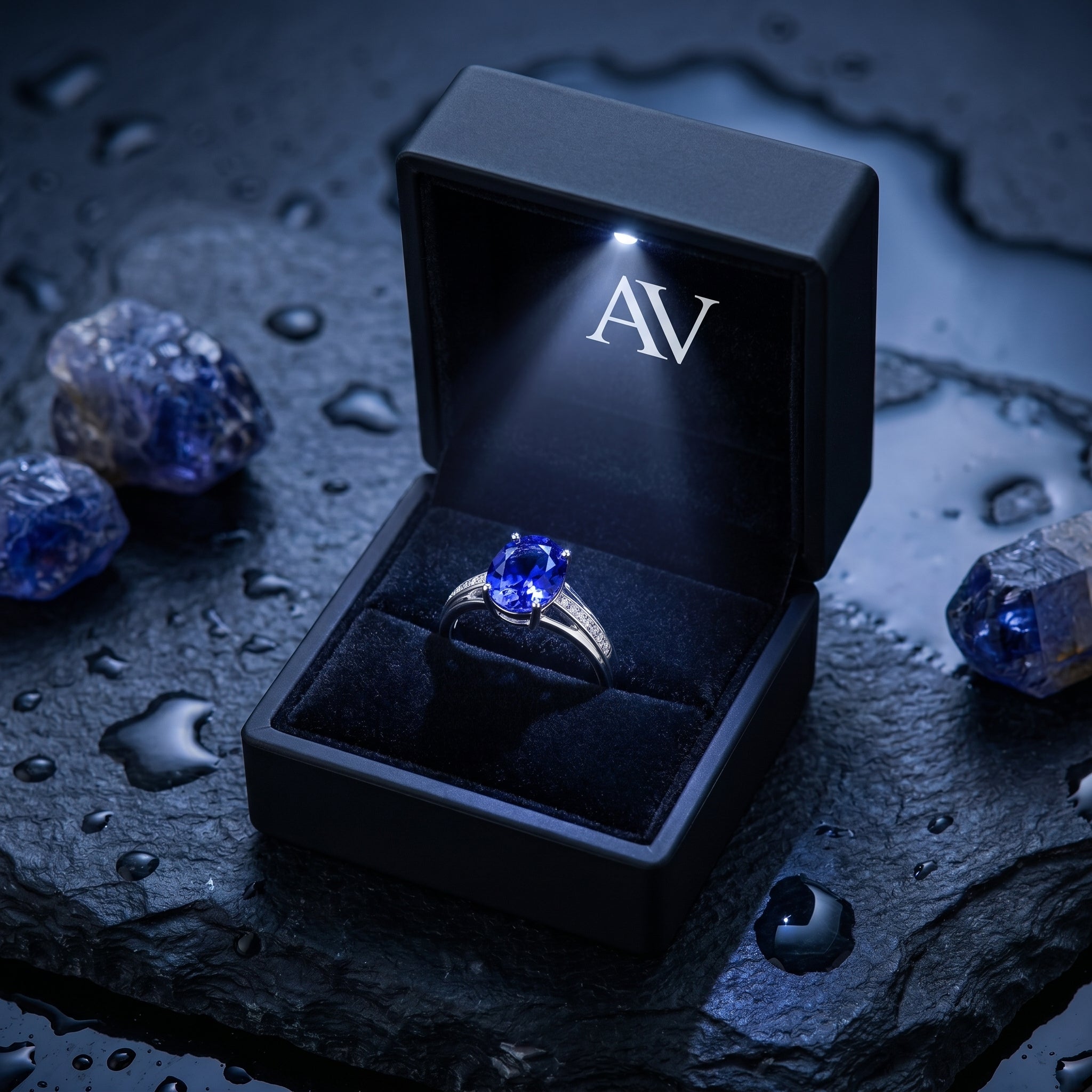18K white gold oval tanzanite and diamond ring displayed in a black LED-lighted presentation box.