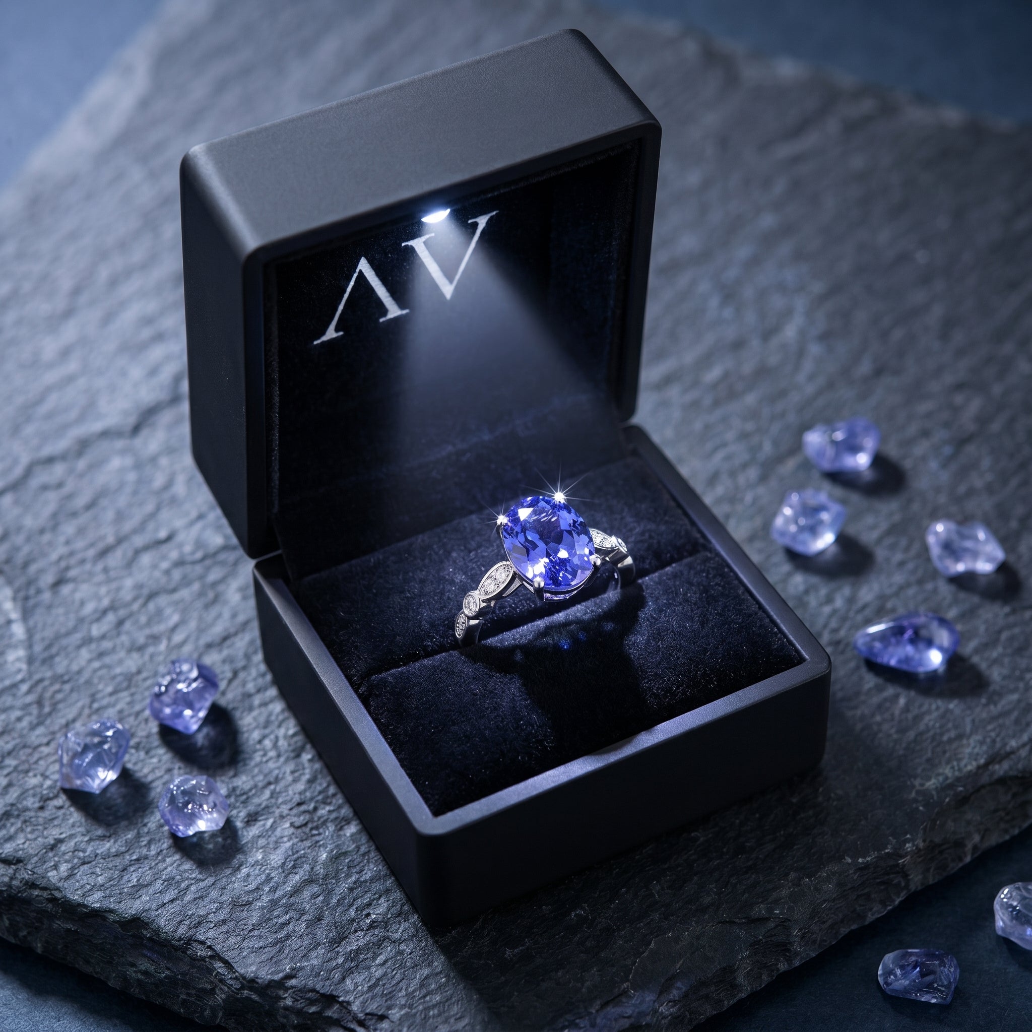 Oval tanzanite sterling silver ring presented in a black LED-lit jewelry box on a slate surface.
