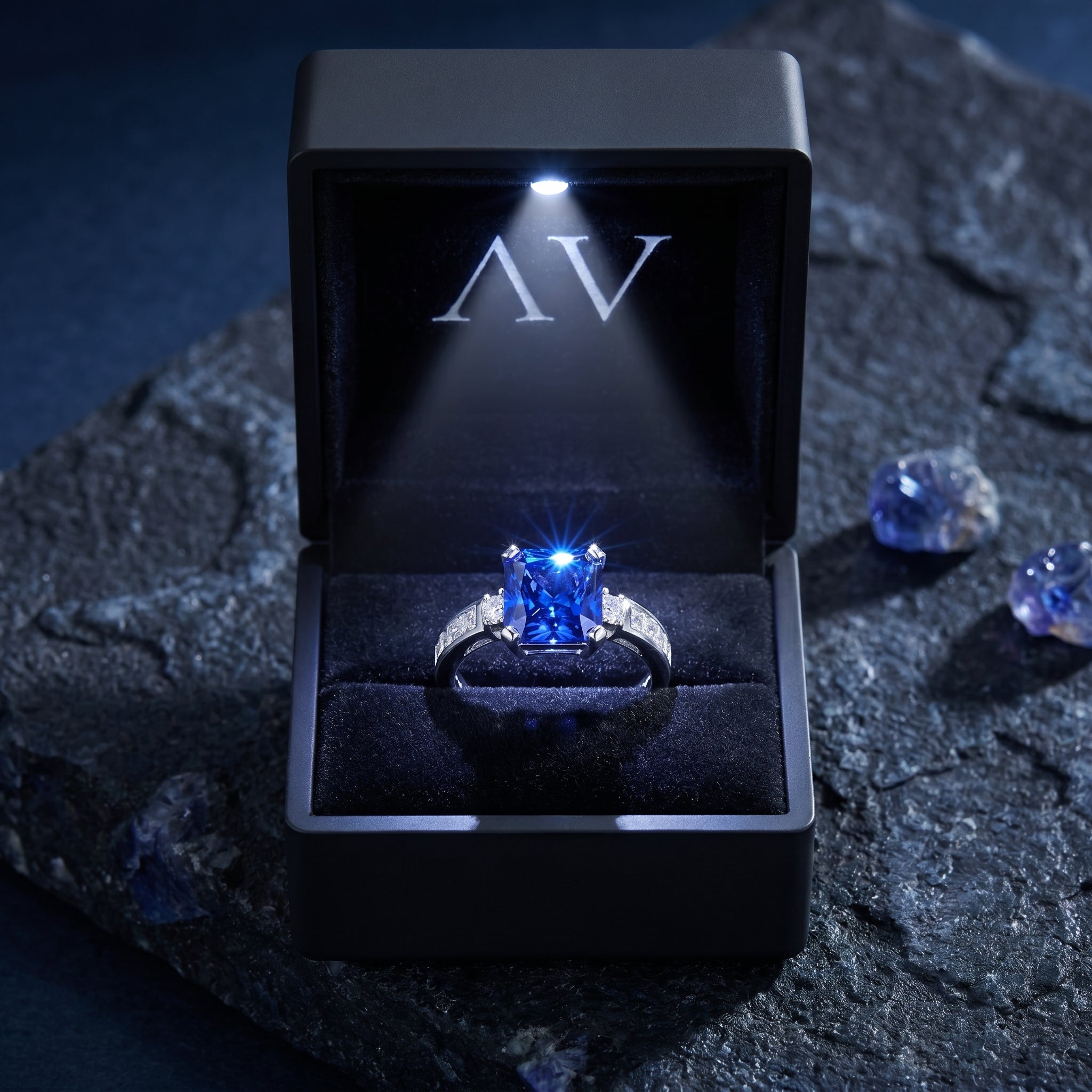 The Adelina tanzanite ring in sterling silver inside a black LED-lit presentation box.
