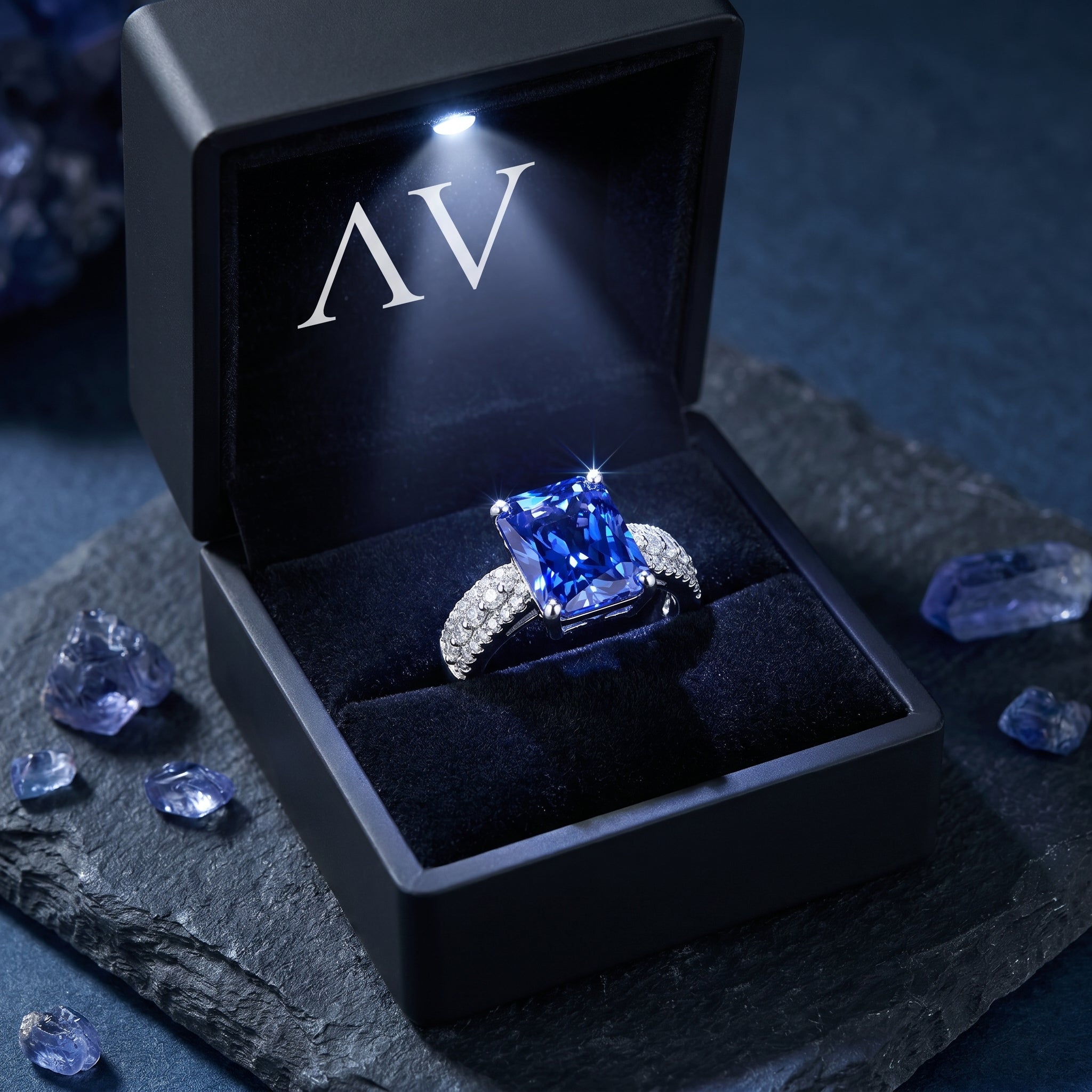 Radiant cut tanzanite silver ring presented in a luxury black lighted gift box with raw gemstone accents.