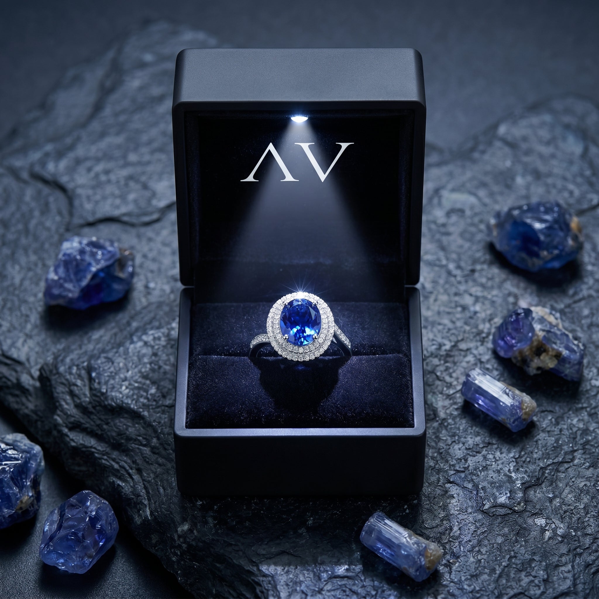 Oval tanzanite ring in a lighted black presentation box, surrounded by raw blue gemstones on a dark surface.