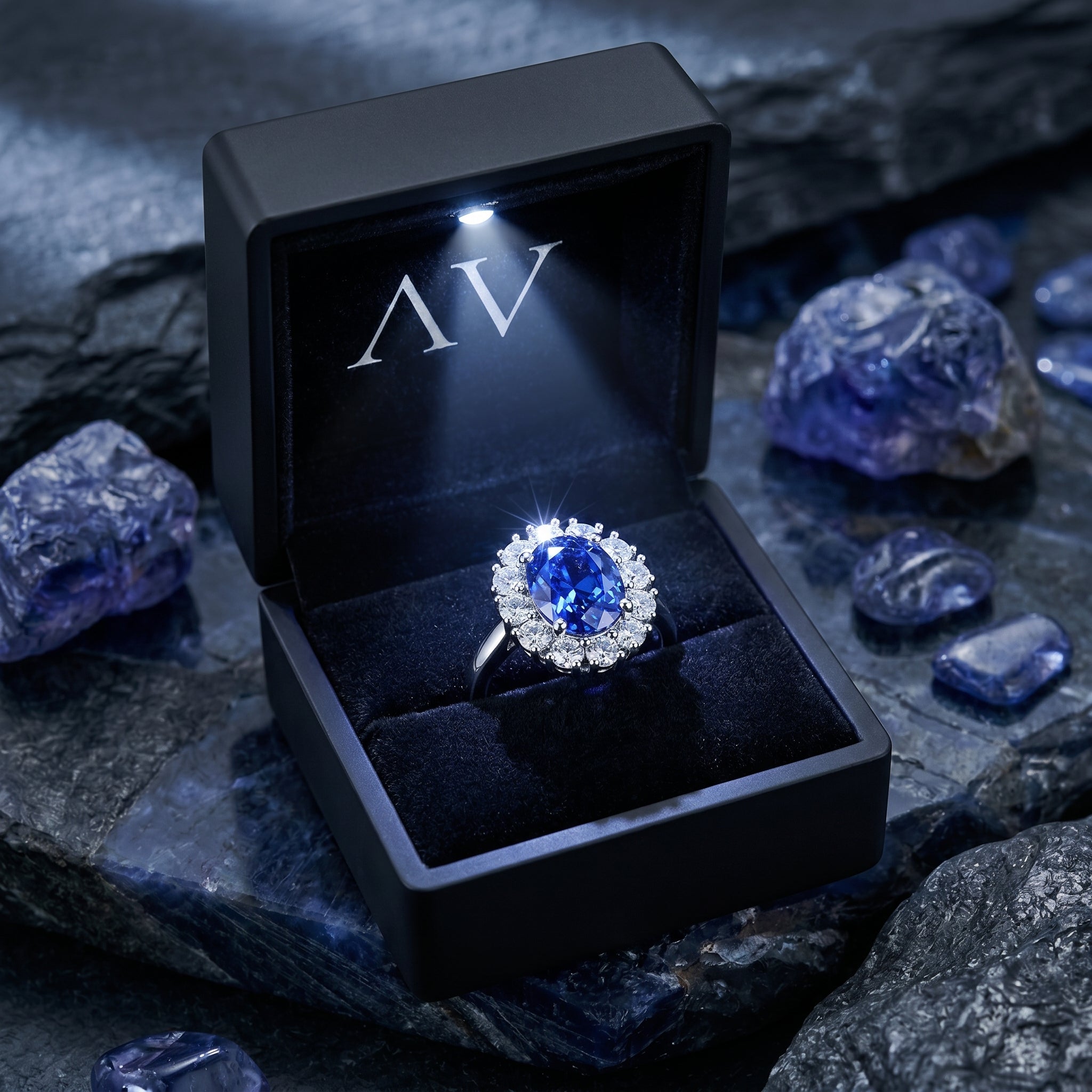 Oval natural tanzanite halo ring in sterling silver inside a lighted black gift box on dark rocks.