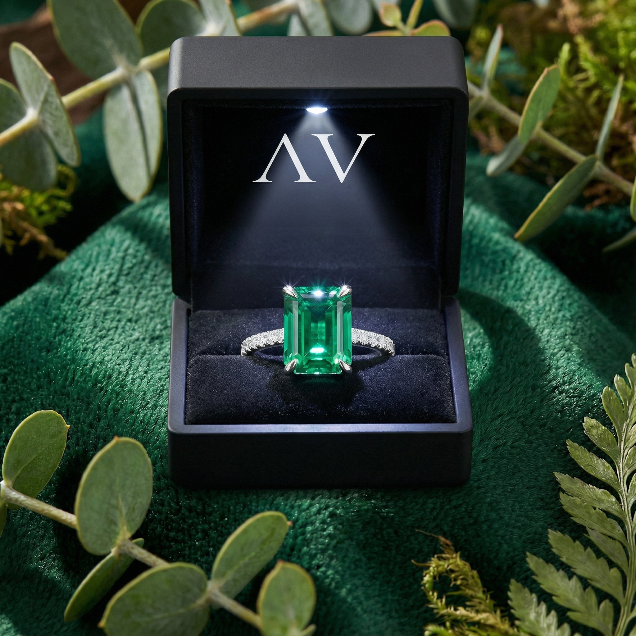 Emerald-cut simulated emerald sterling silver ring inside a lighted black AV jewelry presentation box.