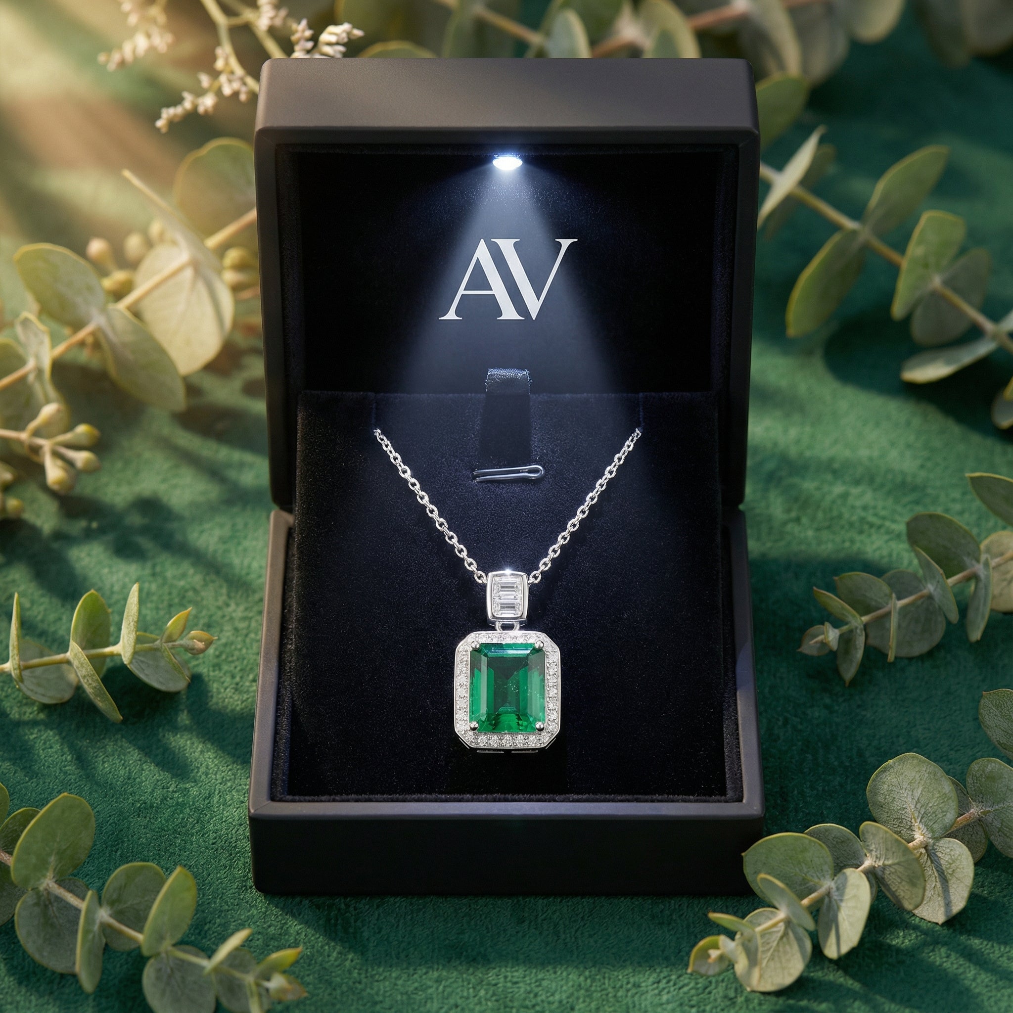 The Elisandra simulated emerald pendant in a premium black light-up gift box surrounded by green foliage.
