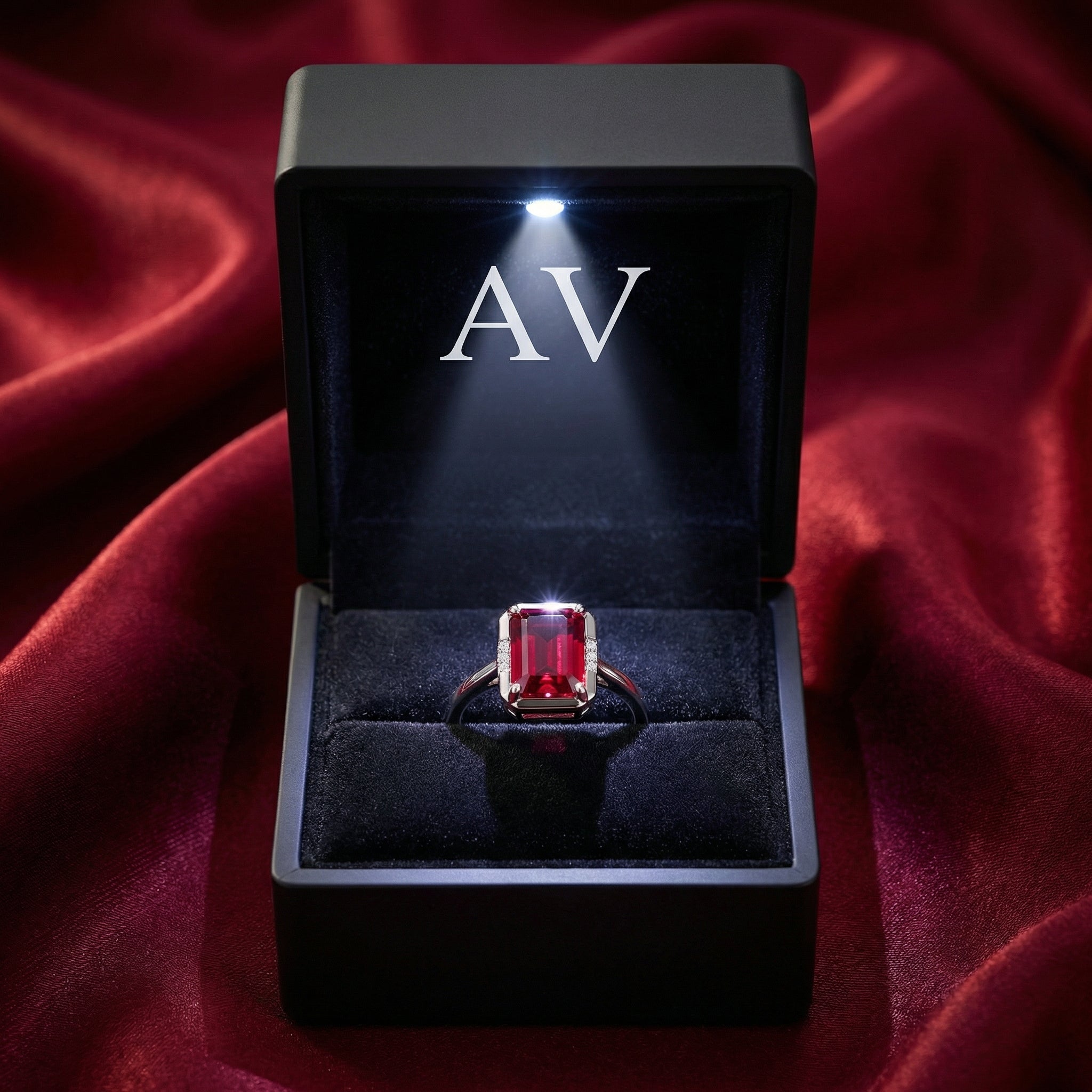 Emerald cut simulated ruby sterling silver ring in a black LED-lit gift box on red silk.