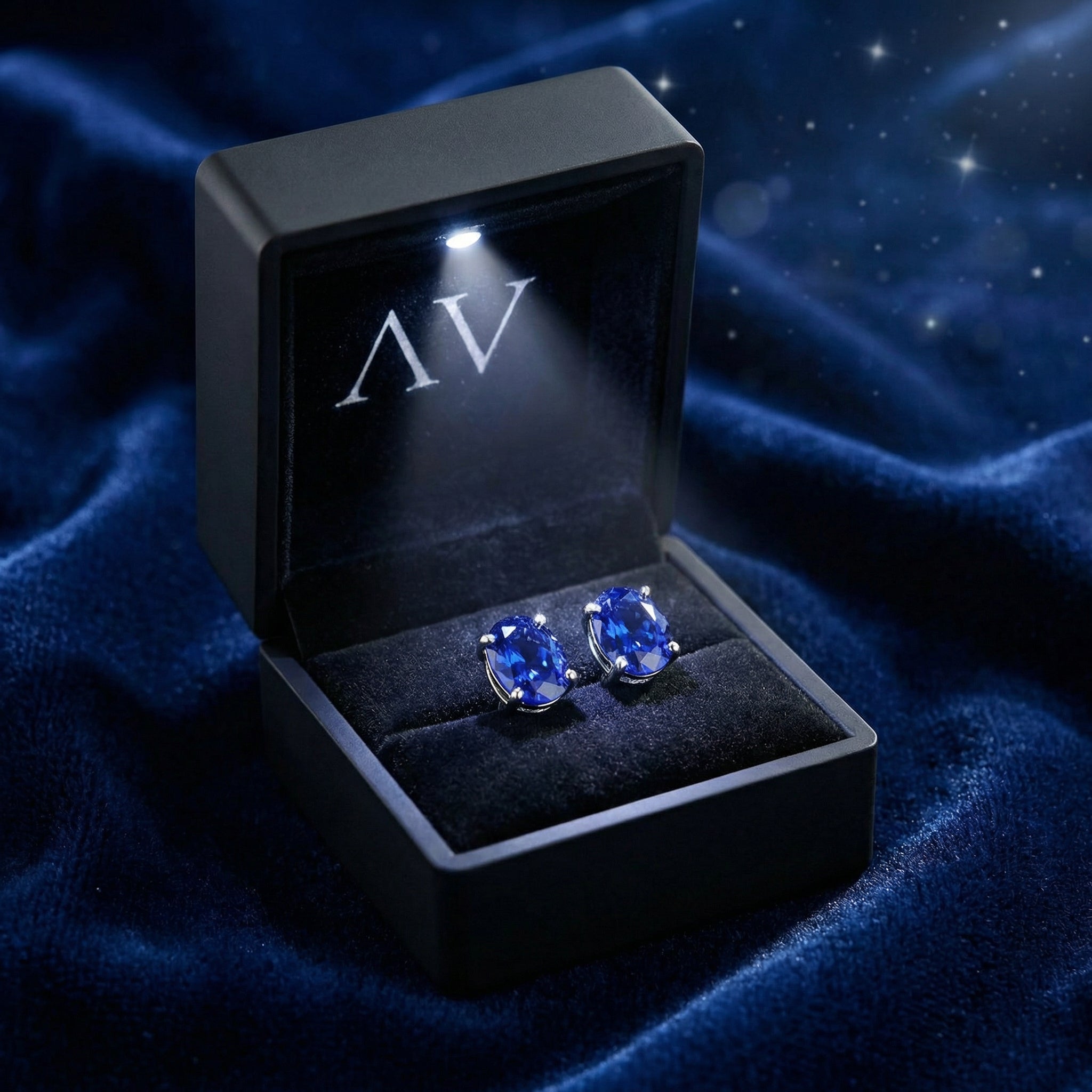 Oval blue simulated sapphire stud earrings in a black LED-lit presentation gift box.