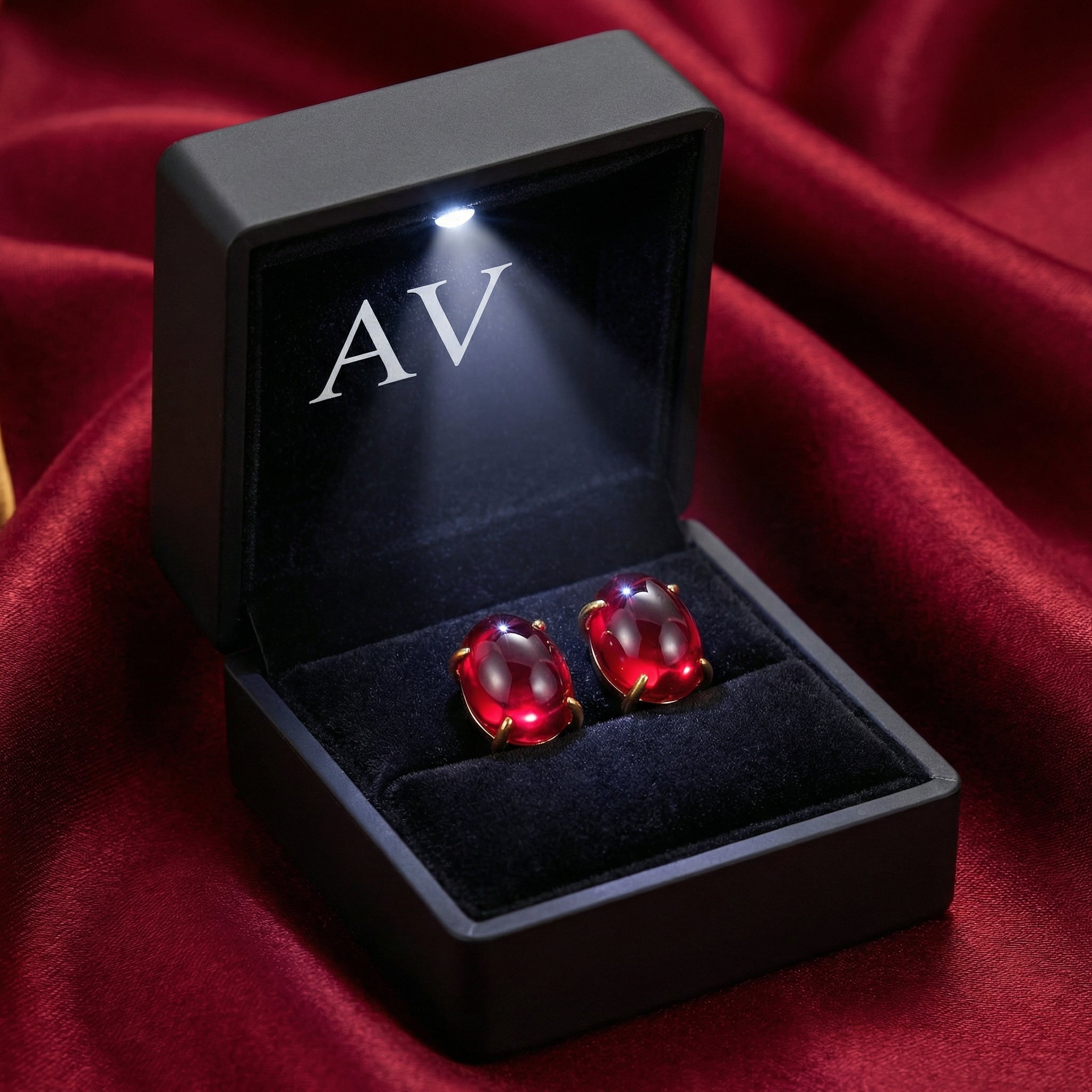 Pair of Rubina simulated ruby stud earrings in 18K gold vermeil presented in a lighted black jewelry box.