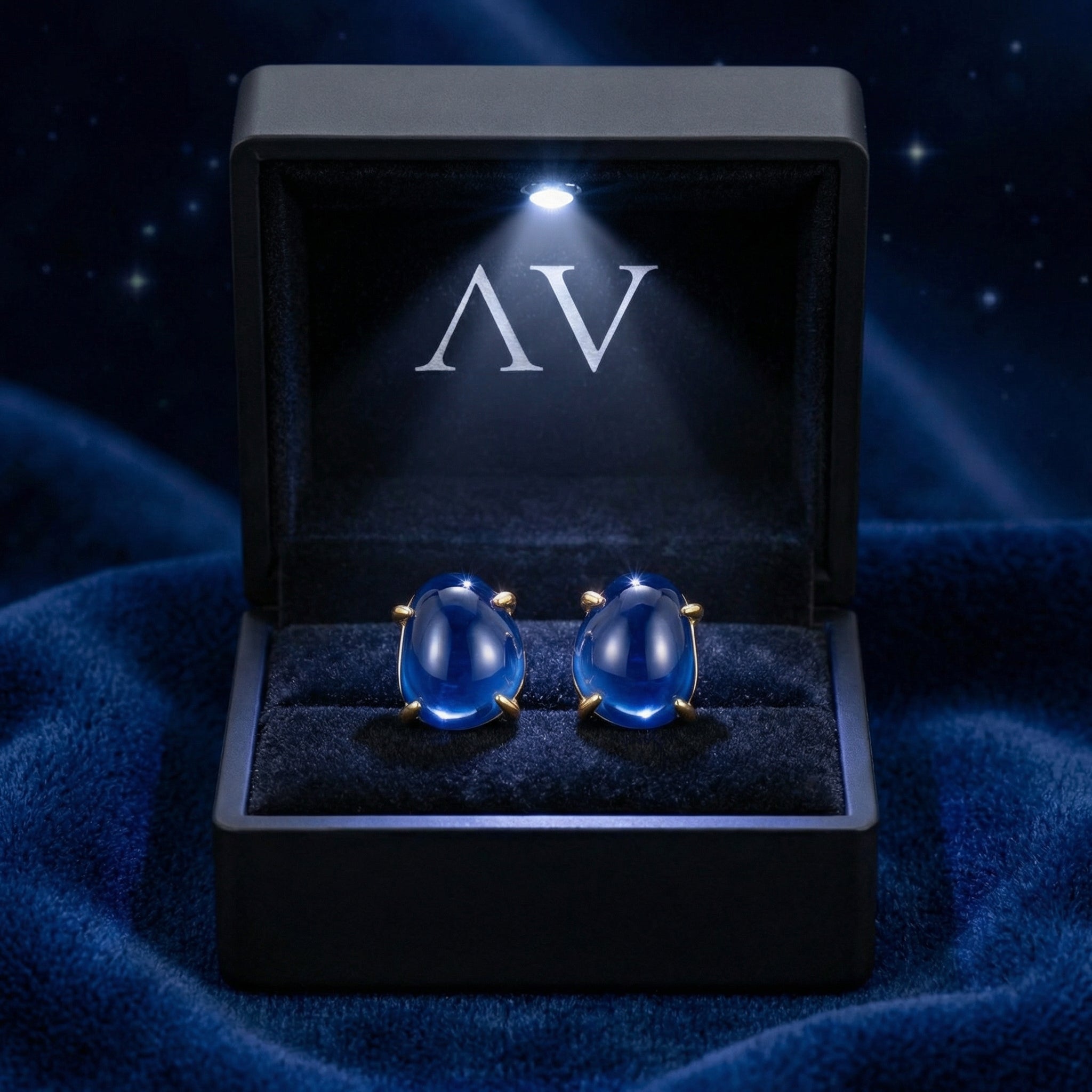 Pair of blue sapphire stud earrings in 18K gold vermeil presented in a lighted black jewelry box.