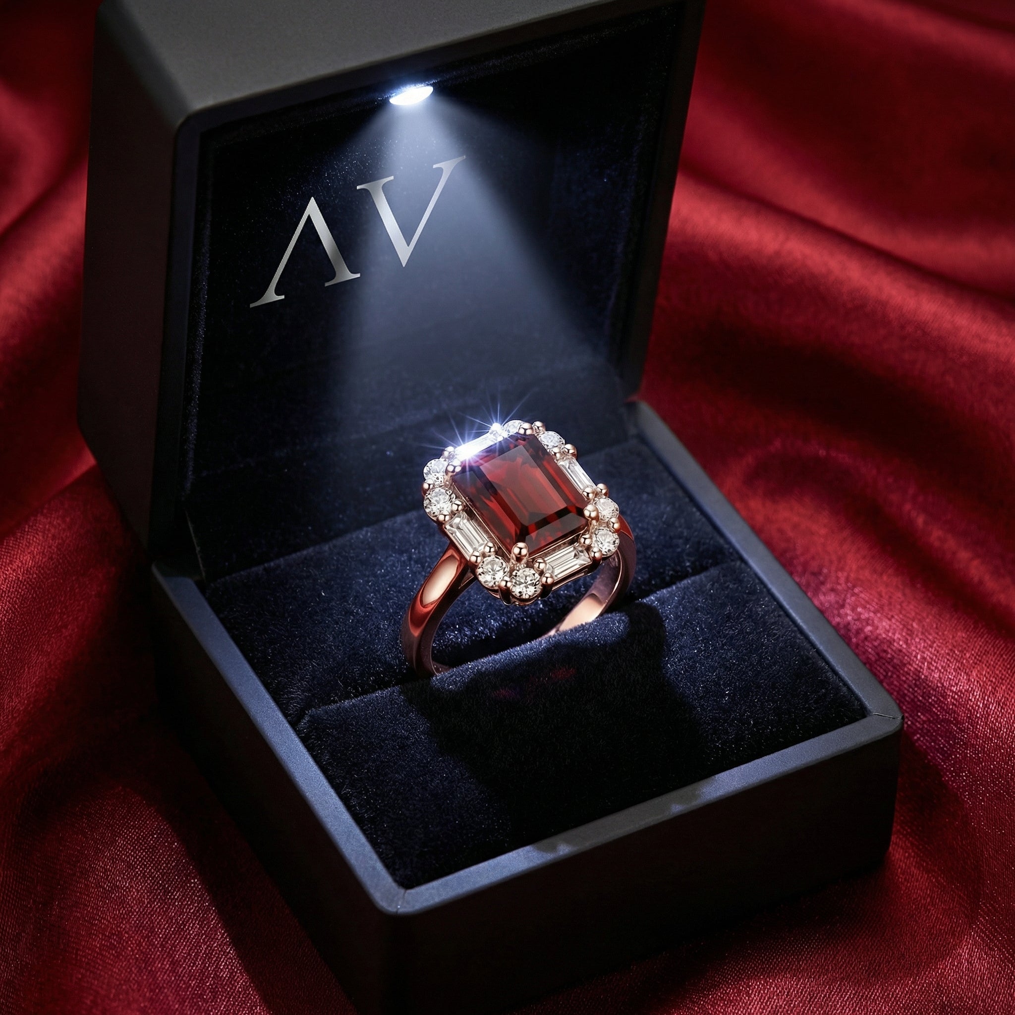 Octagon cut red garnet sterling silver ring inside a lighted black velvet jewelry presentation box.