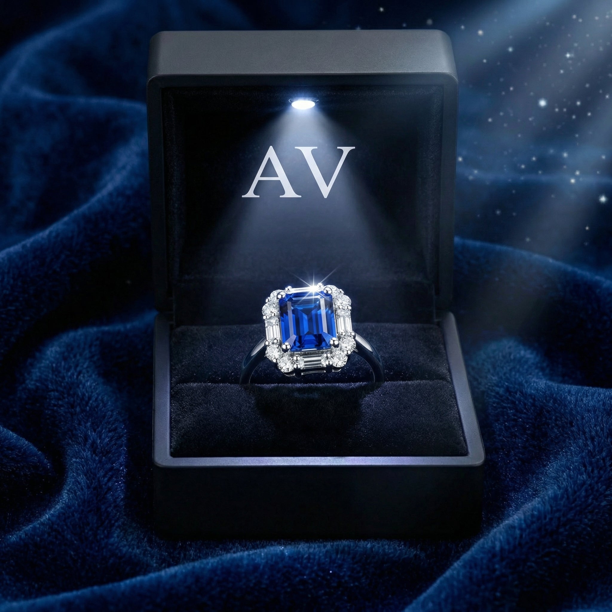 Octagon-cut simulated sapphire sterling silver ring inside a lighted black presentation box on blue velvet.