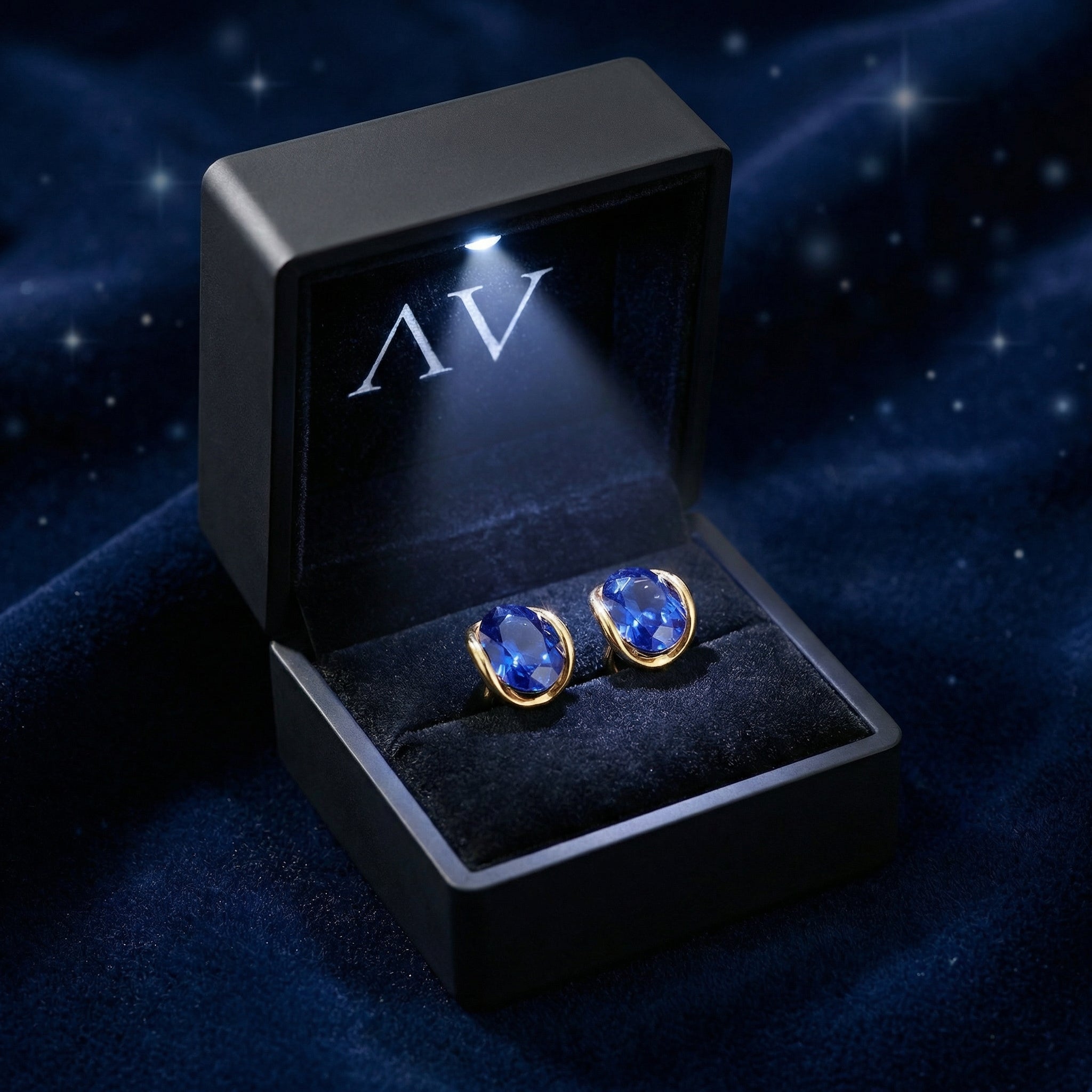 Oval blue simulated sapphire gold earrings presented in a black lighted jewelry box with the AV logo.