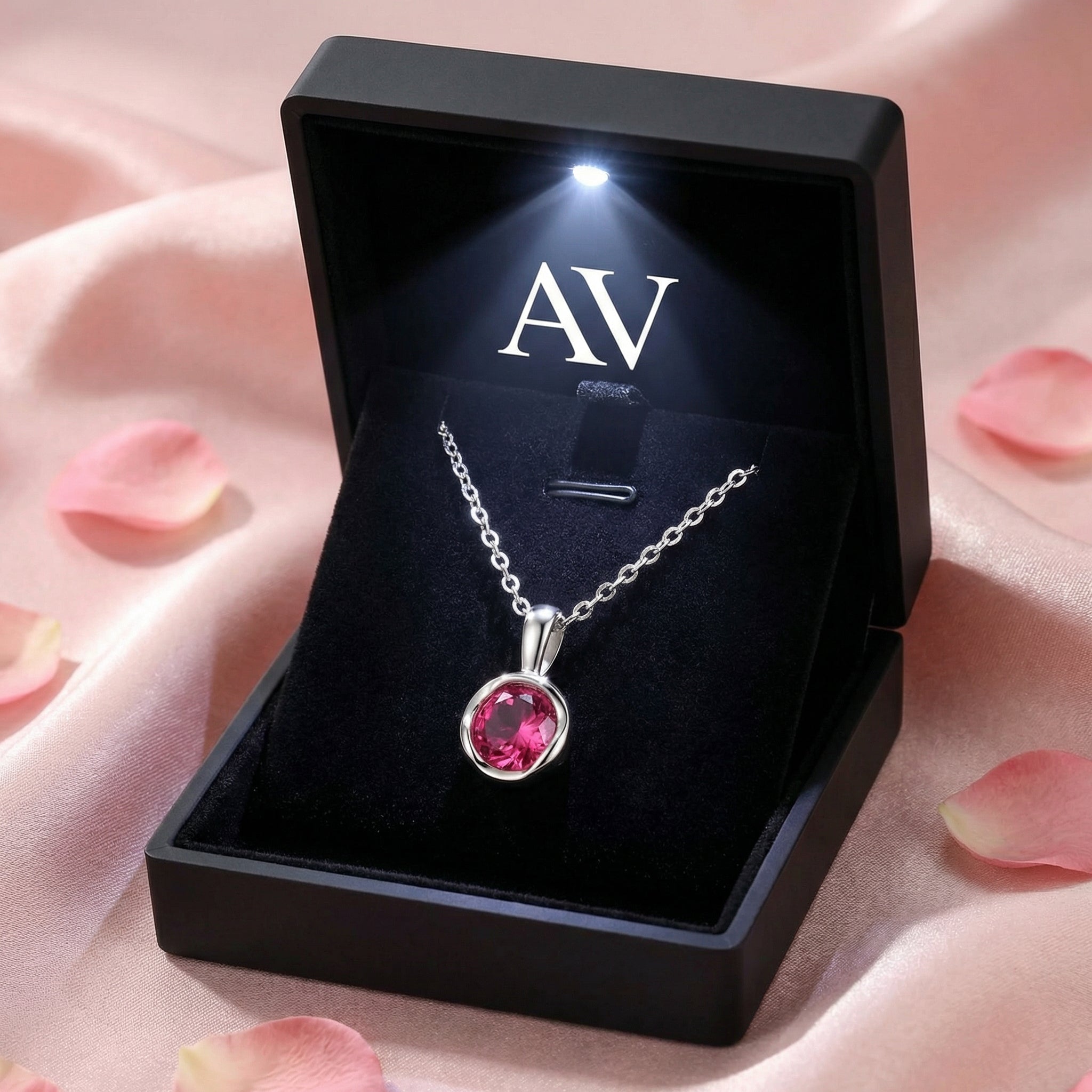 S925 sterling silver necklace with a round pink tourmaline in a black lighted gift box with AV logo on pink silk.