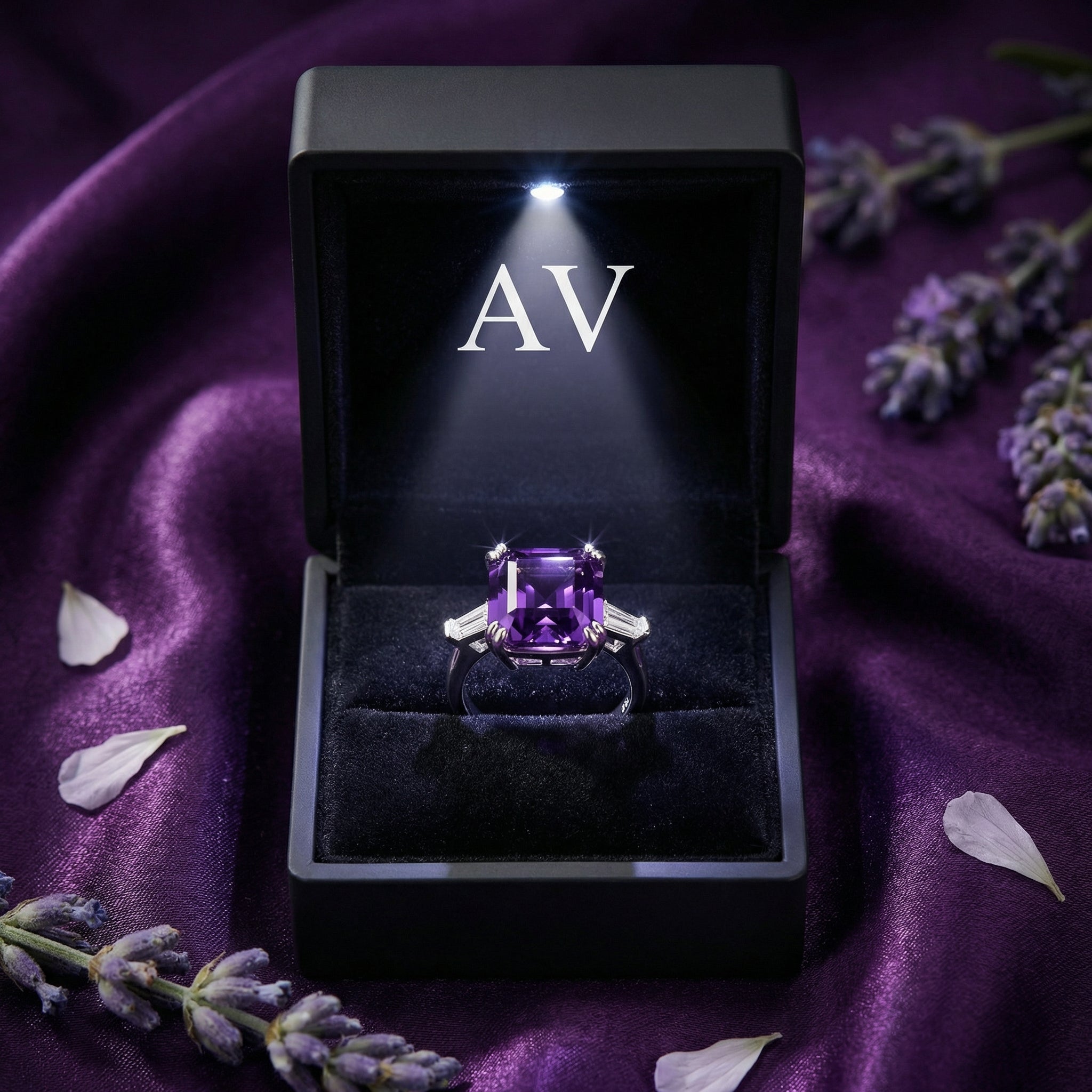 Square cut amethyst sterling silver ring in a black LED-lit jewelry box on purple silk.
