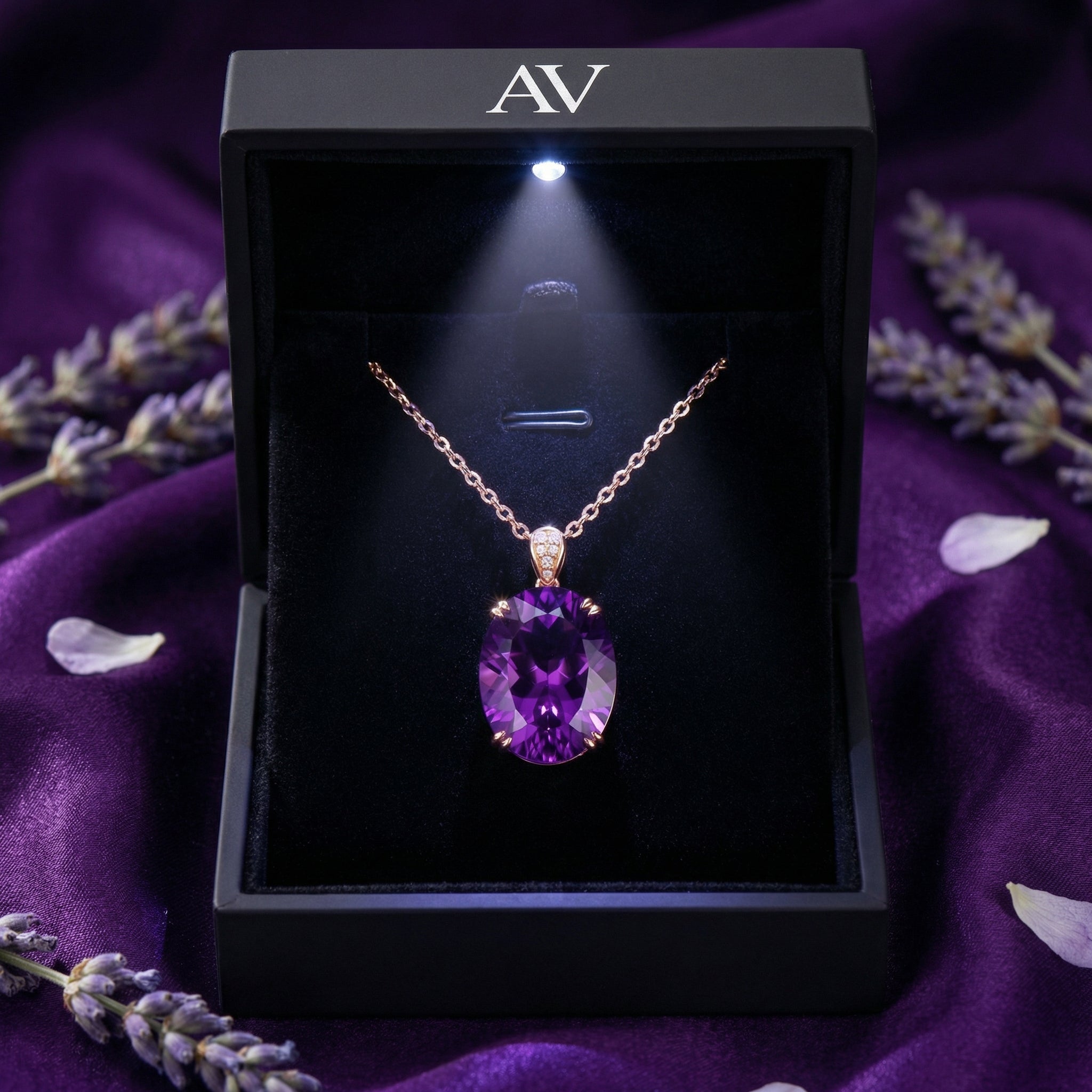 18k rose gold oval amethyst pendant necklace in a premium lighted black jewelry gift box on purple silk.