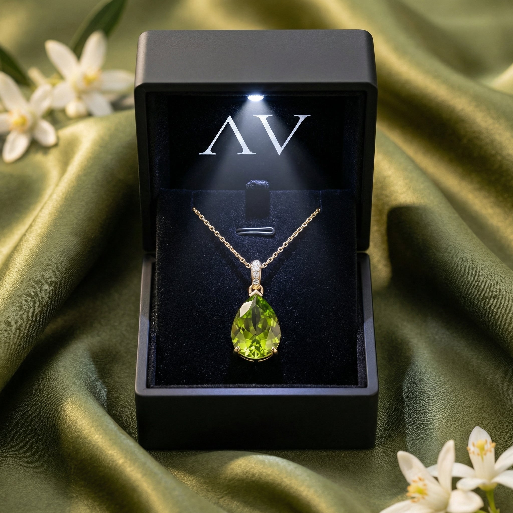 18K solid gold pear cut peridot necklace presented in a black luxury gift box with an integrated LED light.