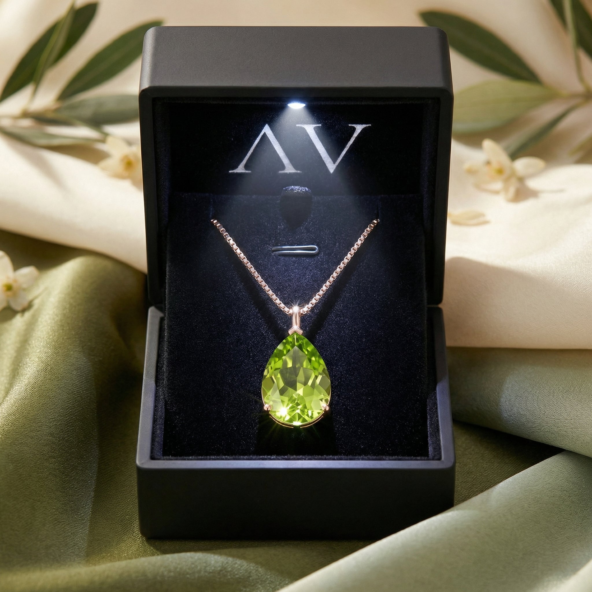 The Elyon peridot pendant in 18K rose gold vermeil displayed in a premium black LED-lit jewelry gift box.