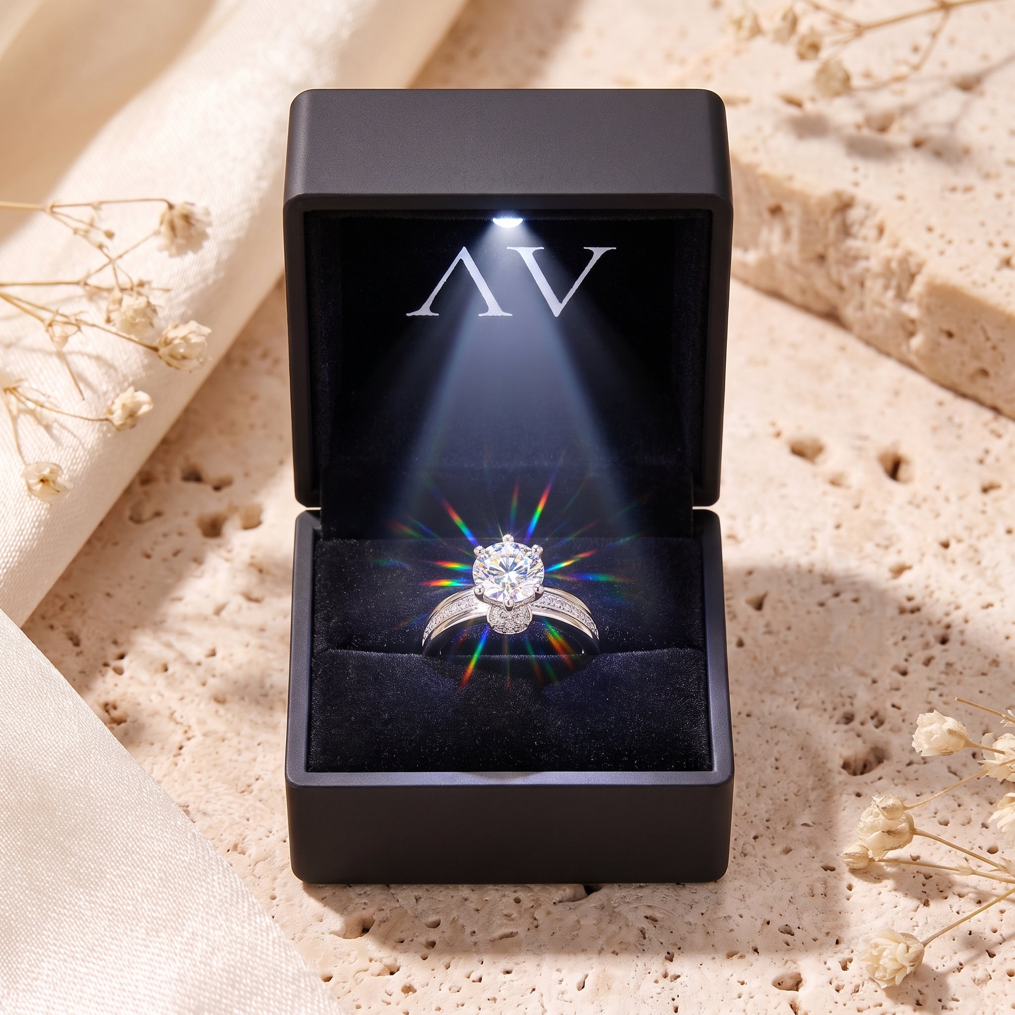 Sterling silver solitaire ring with round brilliant stone in an LED box.