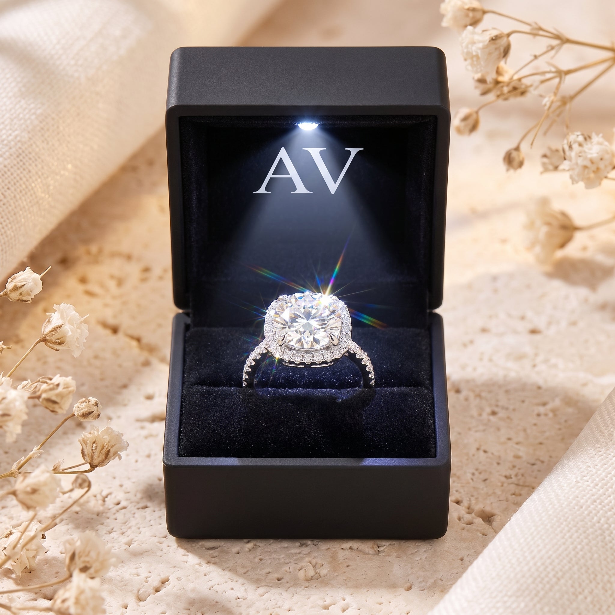 Sterling silver cushion halo ring with a round brilliant-cut cubic zirconia in a black LED-lit jewelry box.