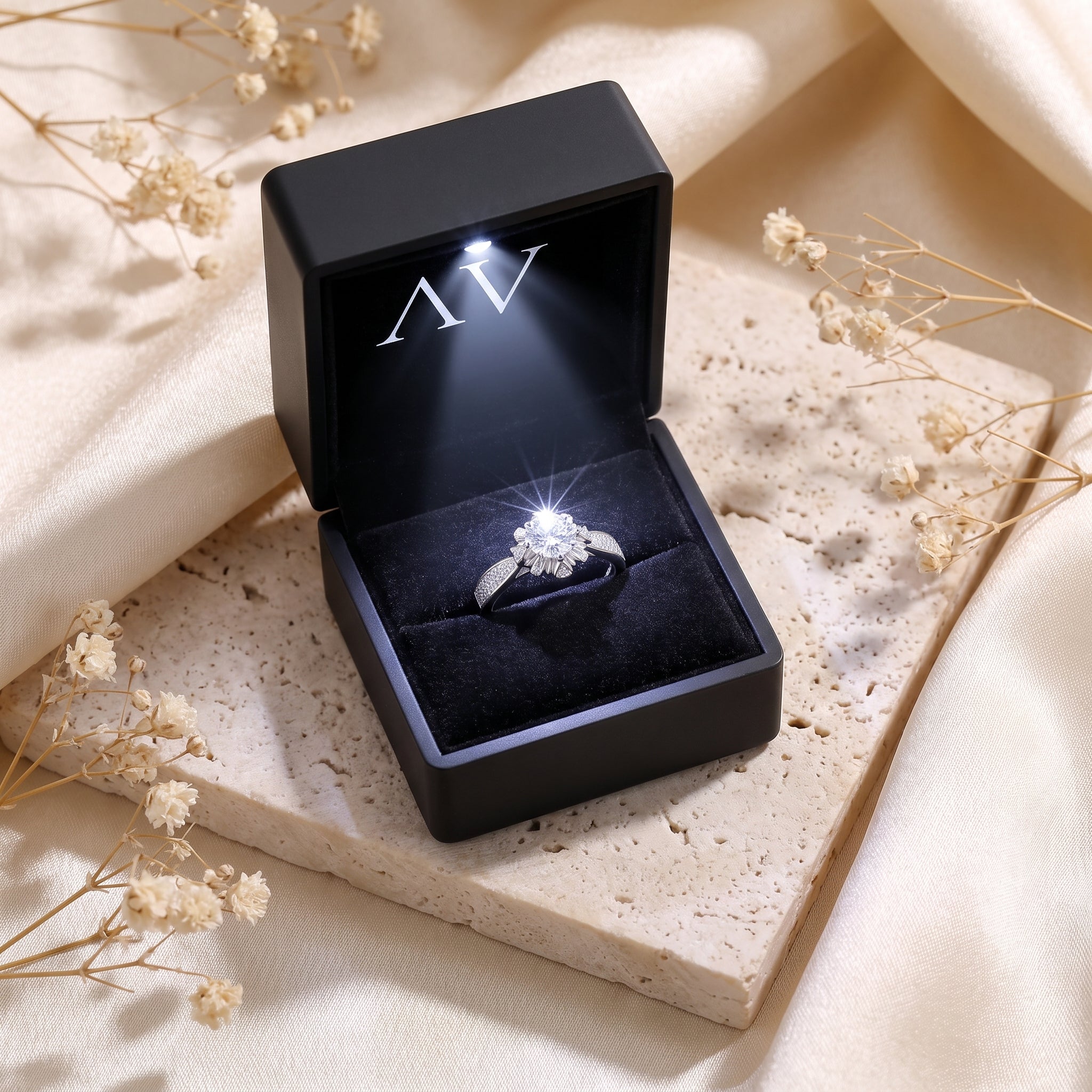 Silver starburst solitaire promise ring presented in a black LED-lit jewelry gift box.