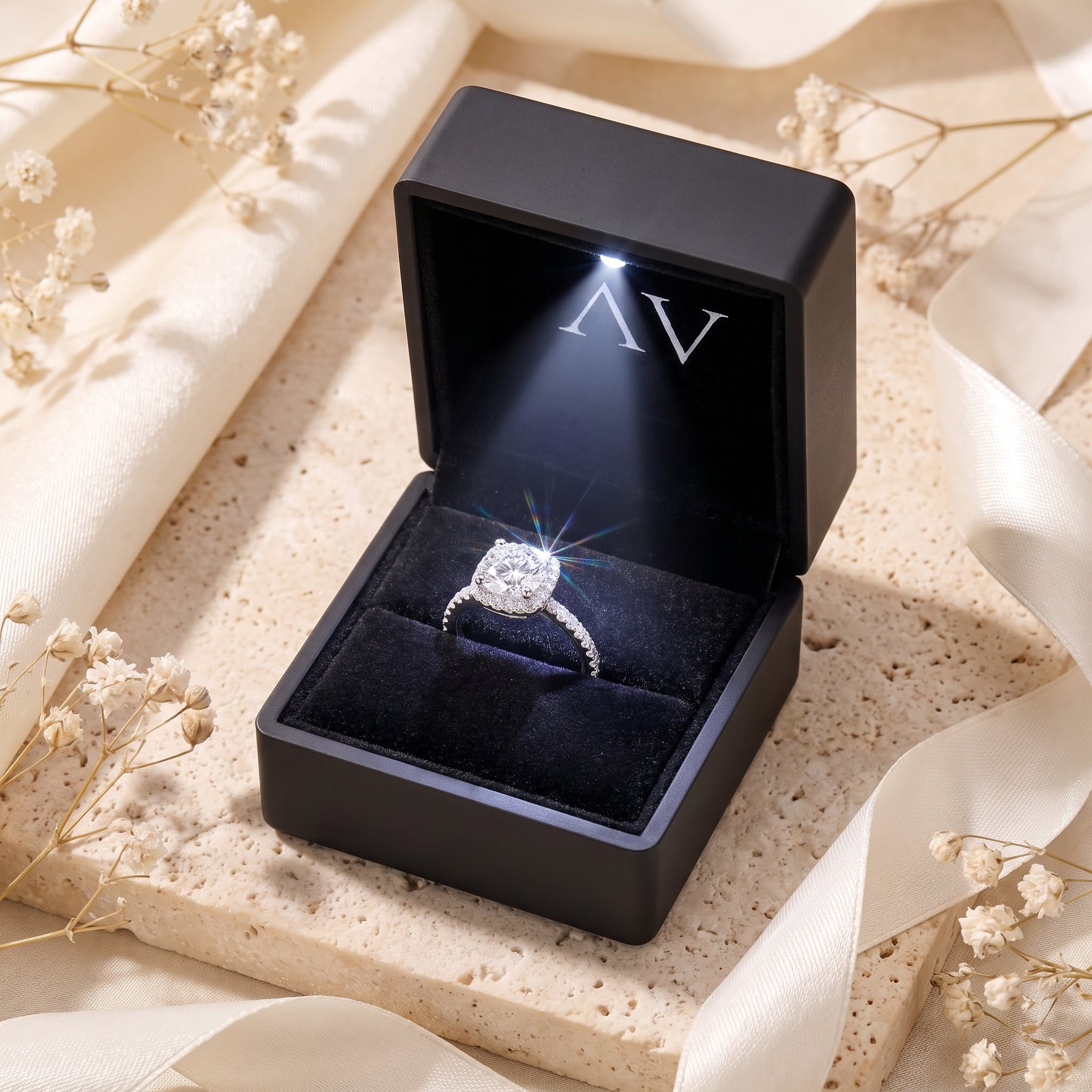 Sterling silver cushion halo ring inside a black LED-lit jewelry gift box.