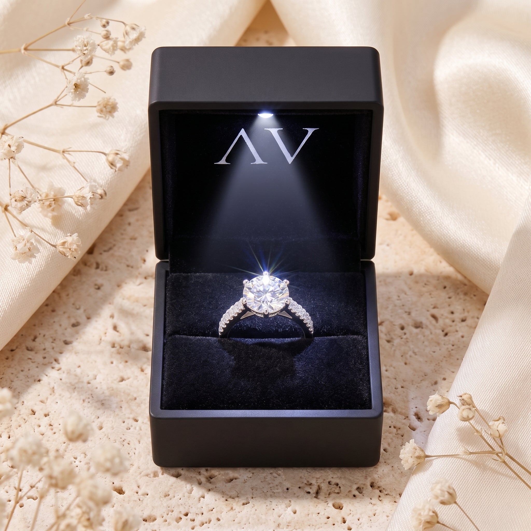 Sterling silver simulated diamond ring inside a black LED-lit presentation box.