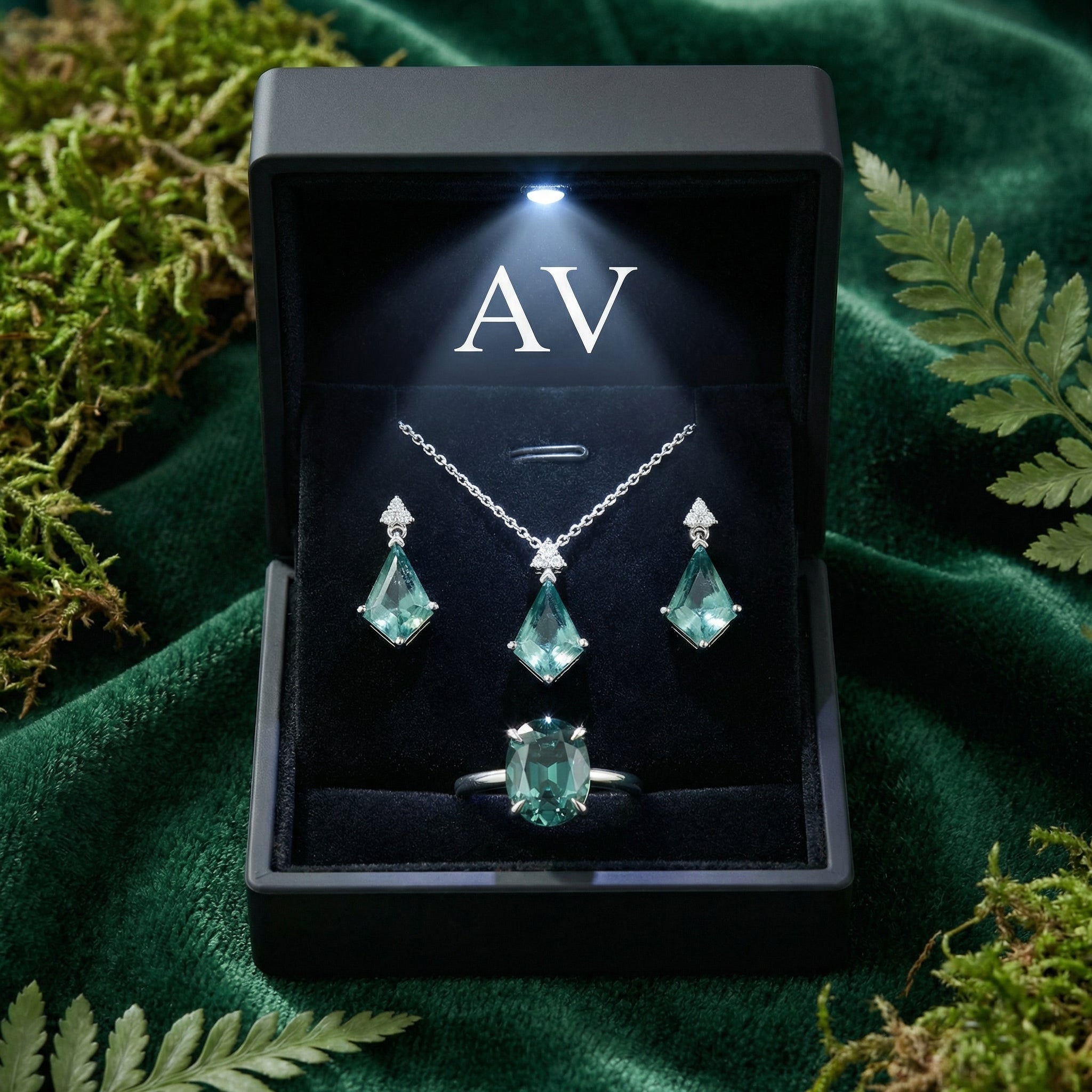 The Aurora jewelry set with green moissanite and moss agate pieces inside a black lighted presentation box.