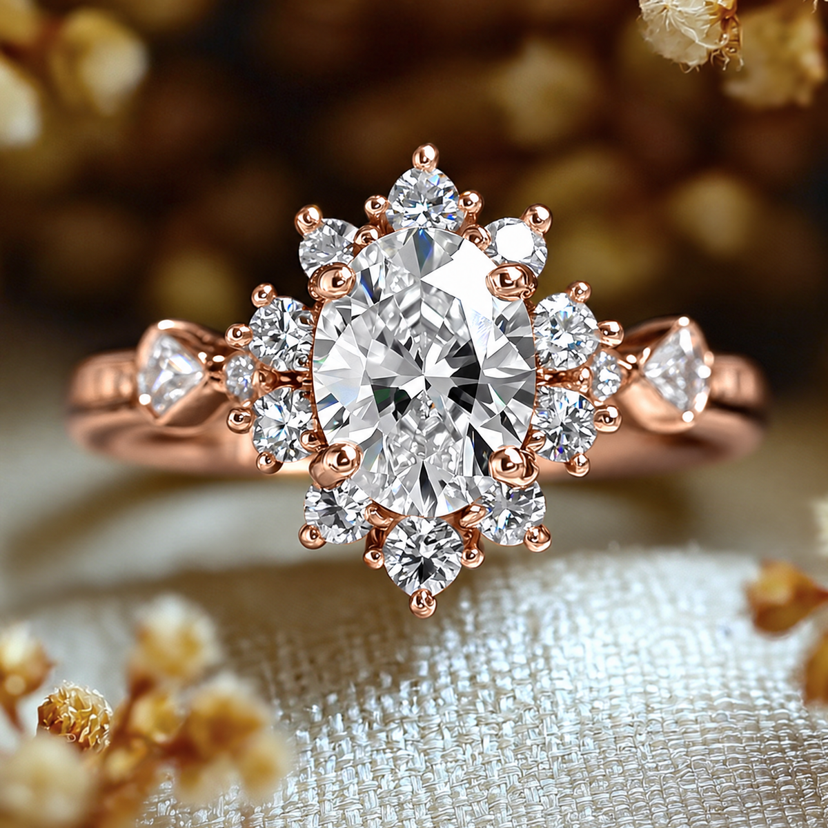 The Mirabella oval-cut engagement ring with a halo and side accents in rose gold.