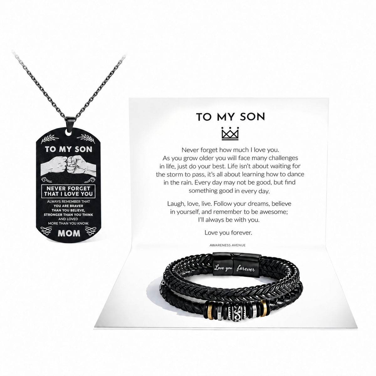 From Mom — To My Son necklace with silver-white lettering, bracelet and message card