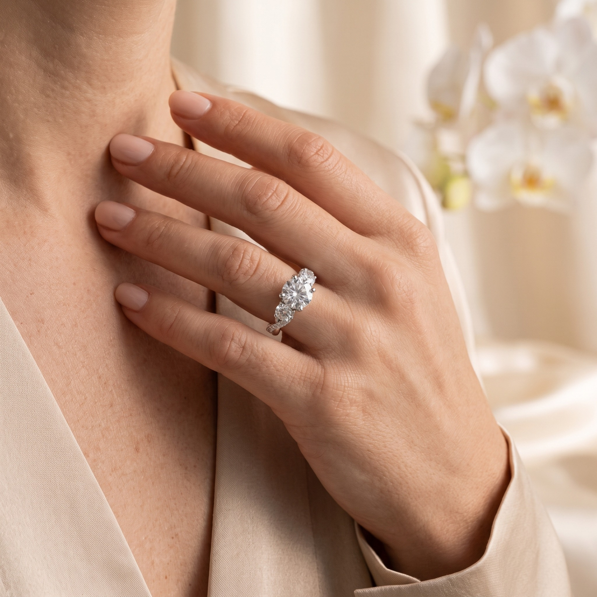 Vintage three-stone round-cut moissanite ring in silver worn on a model's hand near her neck.