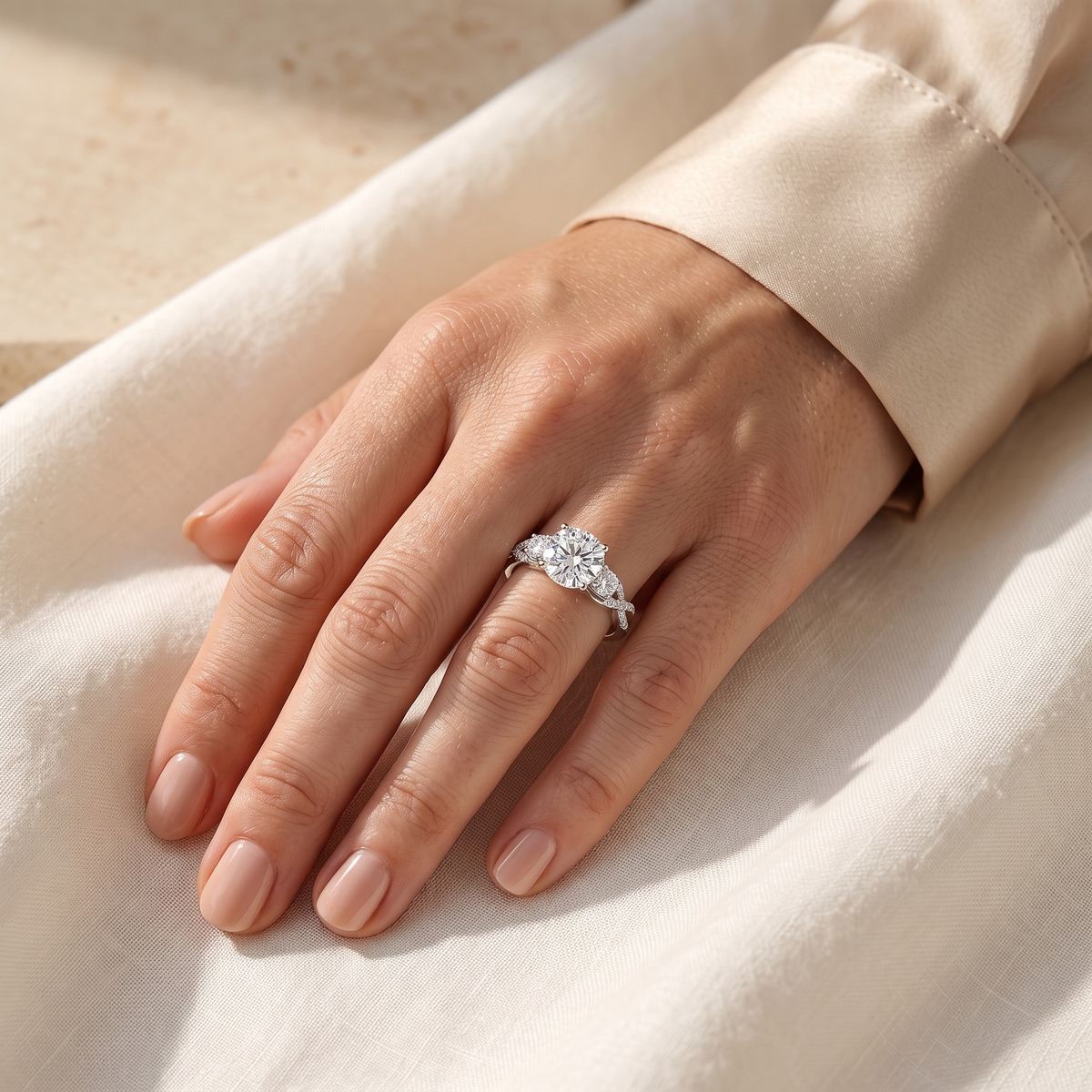 Vintage three-stone round-cut moissanite ring in silver worn on a model's hand.
