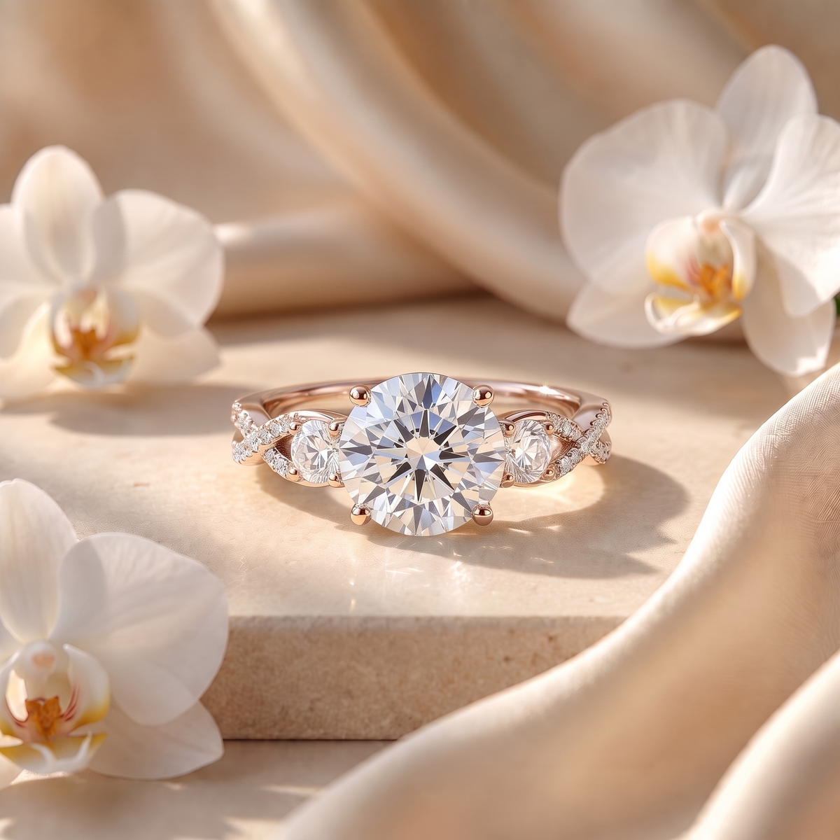 Vintage three-stone round-cut moissanite ring in rose gold, front product view.
