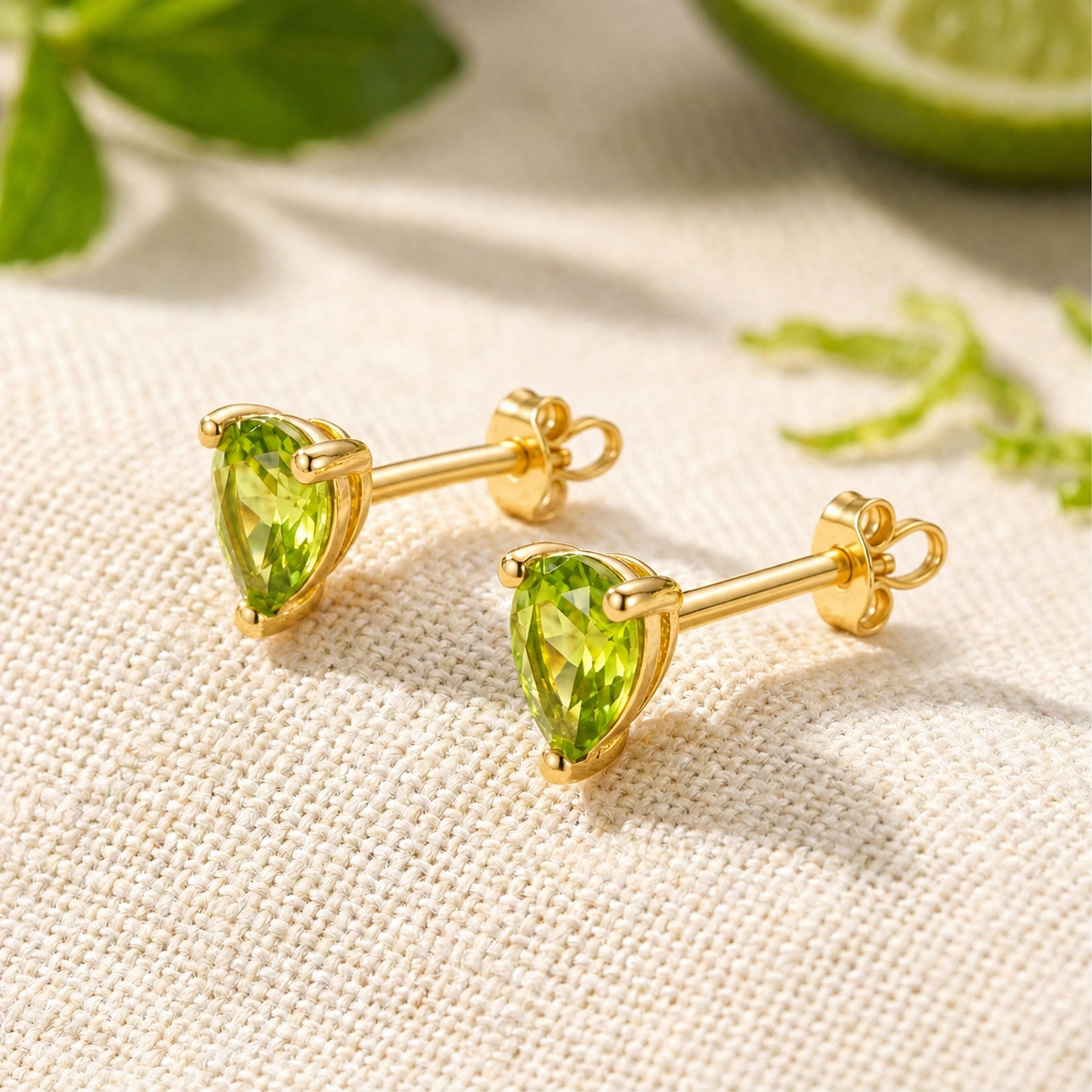 Pear-cut green simulated peridot stud earrings in yellow gold with butterfly backs on textured fabric.
