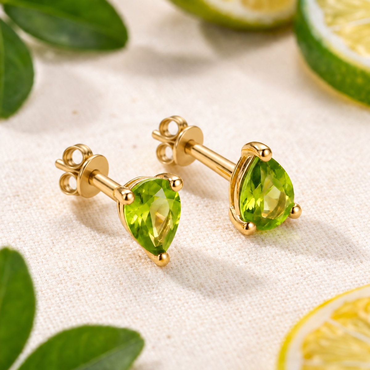 Pair of pear-cut green simulated peridot stud earrings in yellow gold with butterfly backs beside lime slices.