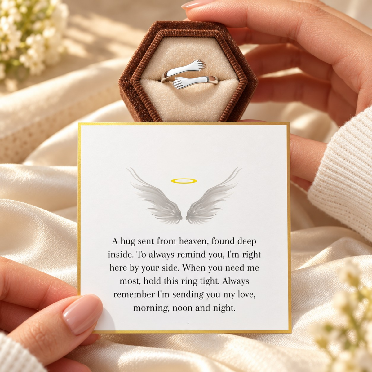 Silver Hug From Heaven ring with memorial message card