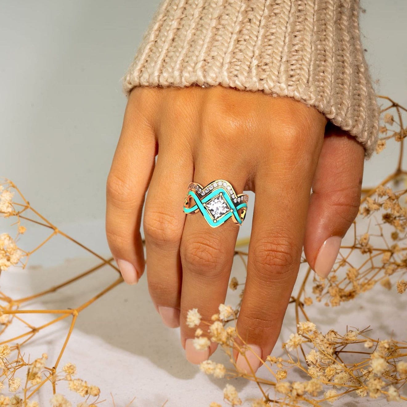 Anillo de oro vermeil de 18 quilates con turquesa de dos piezas Ocean Wave
